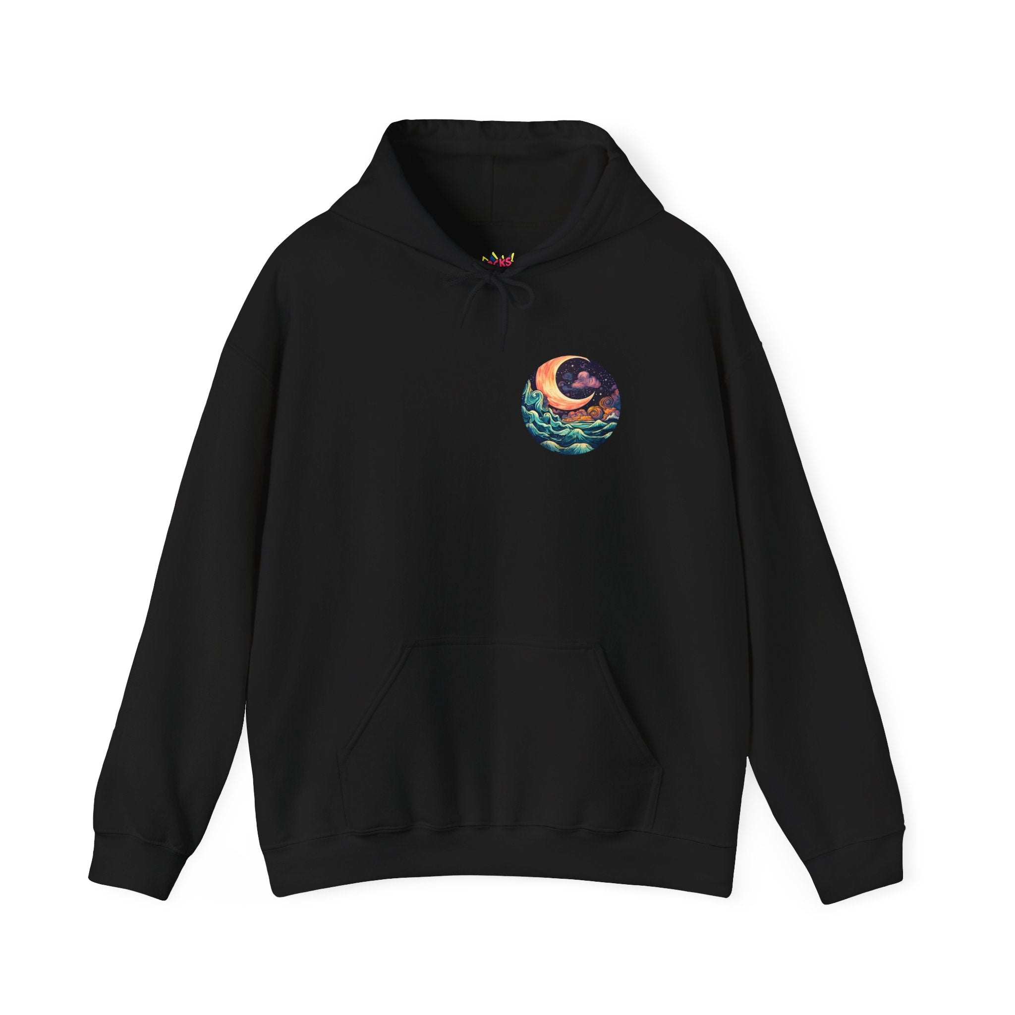 Black hoodie with a colorful graphic on the chest against a white background