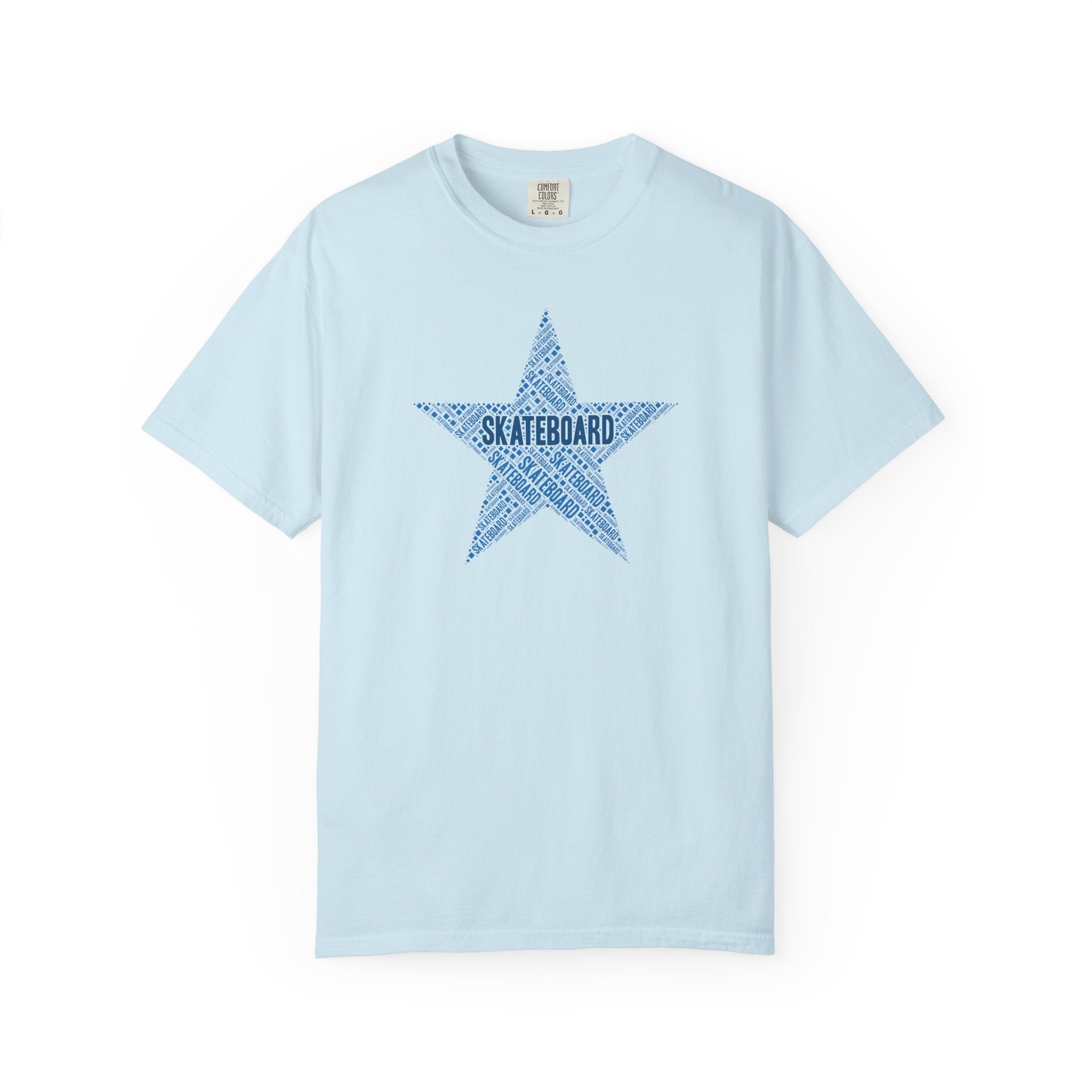 Light blue t-shirt with a star-shaped 'Skateboard' design on a white background