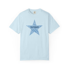 Light blue t-shirt with a star-shaped 'Skateboard' design on a white background