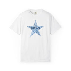 White t-shirt with blue star graphic and 'Skateboard' text on a white background