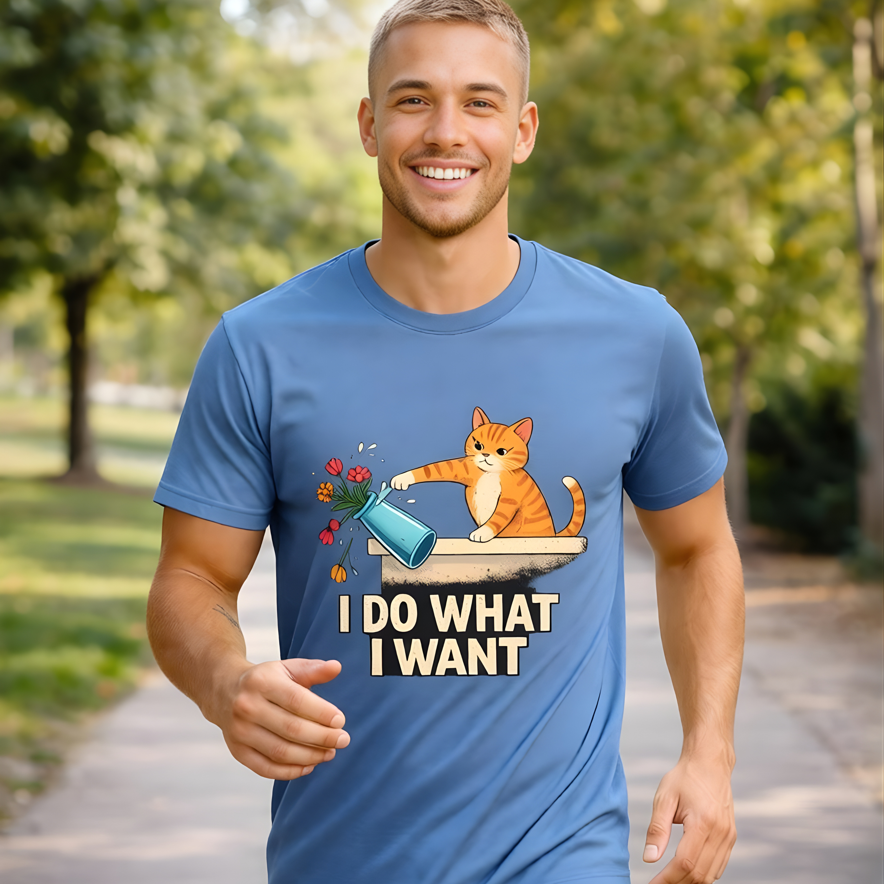 Man wearing a blue t-shirt with a cat graphic and text outdoors