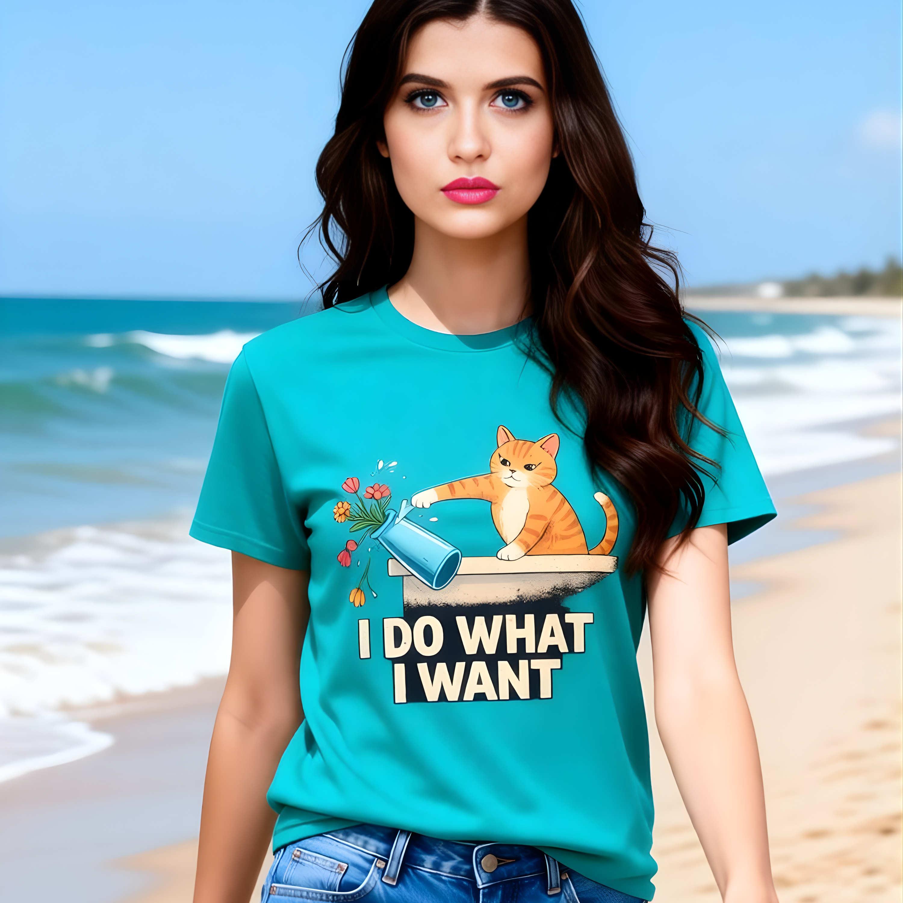 Woman wearing a teal t-shirt with a cat graphic and text on a beach