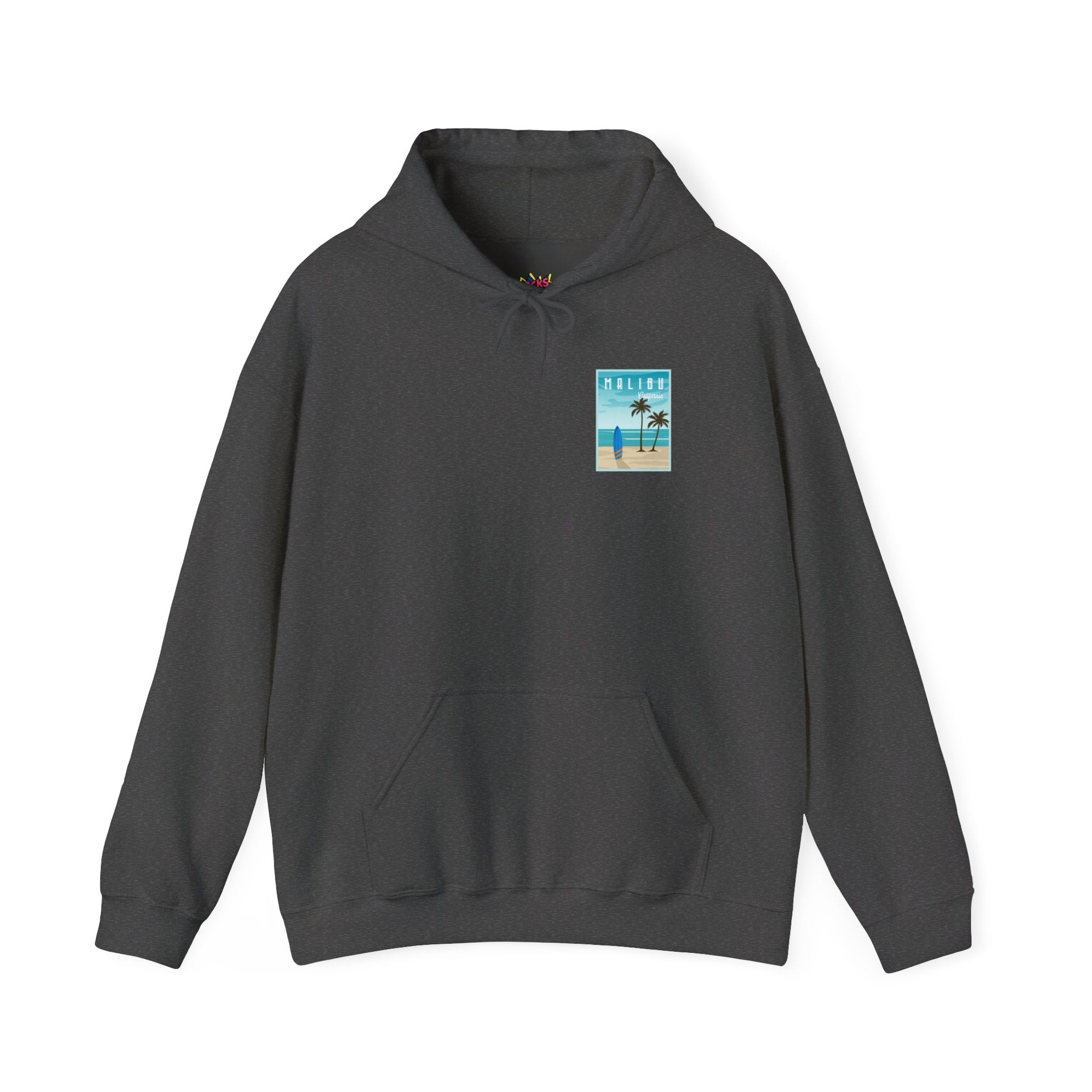 Dark gray hoodie with a small graphic on the chest against a white background