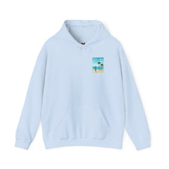 Light blue hoodie with a graphic on the chest against a white background