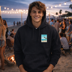 Malibu Beach hoodie back print in Sand — Malibu California surf poster design