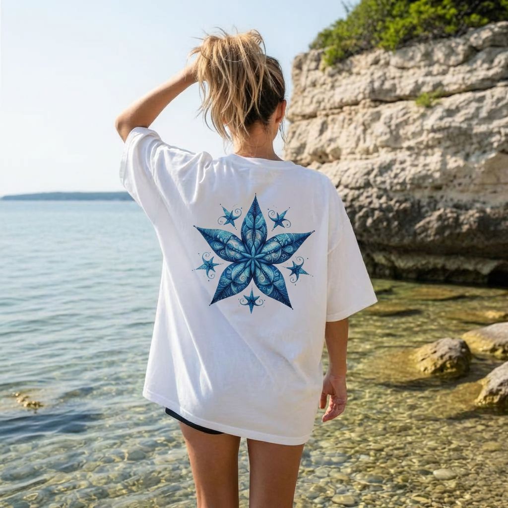 Person wearing a white t-shirt with a blue starfish design by the sea