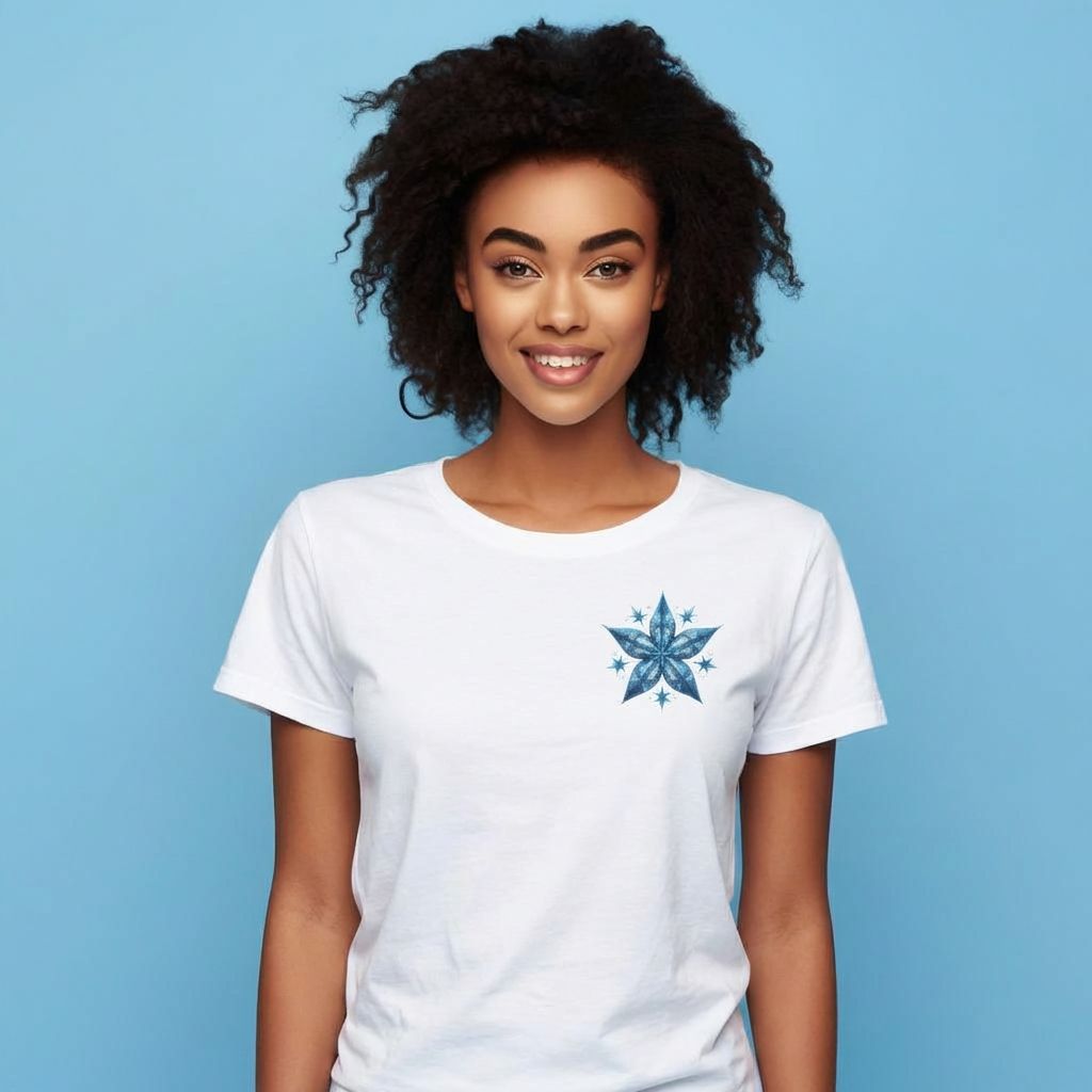Woman wearing a white t-shirt with a blue starfish design on a blue background