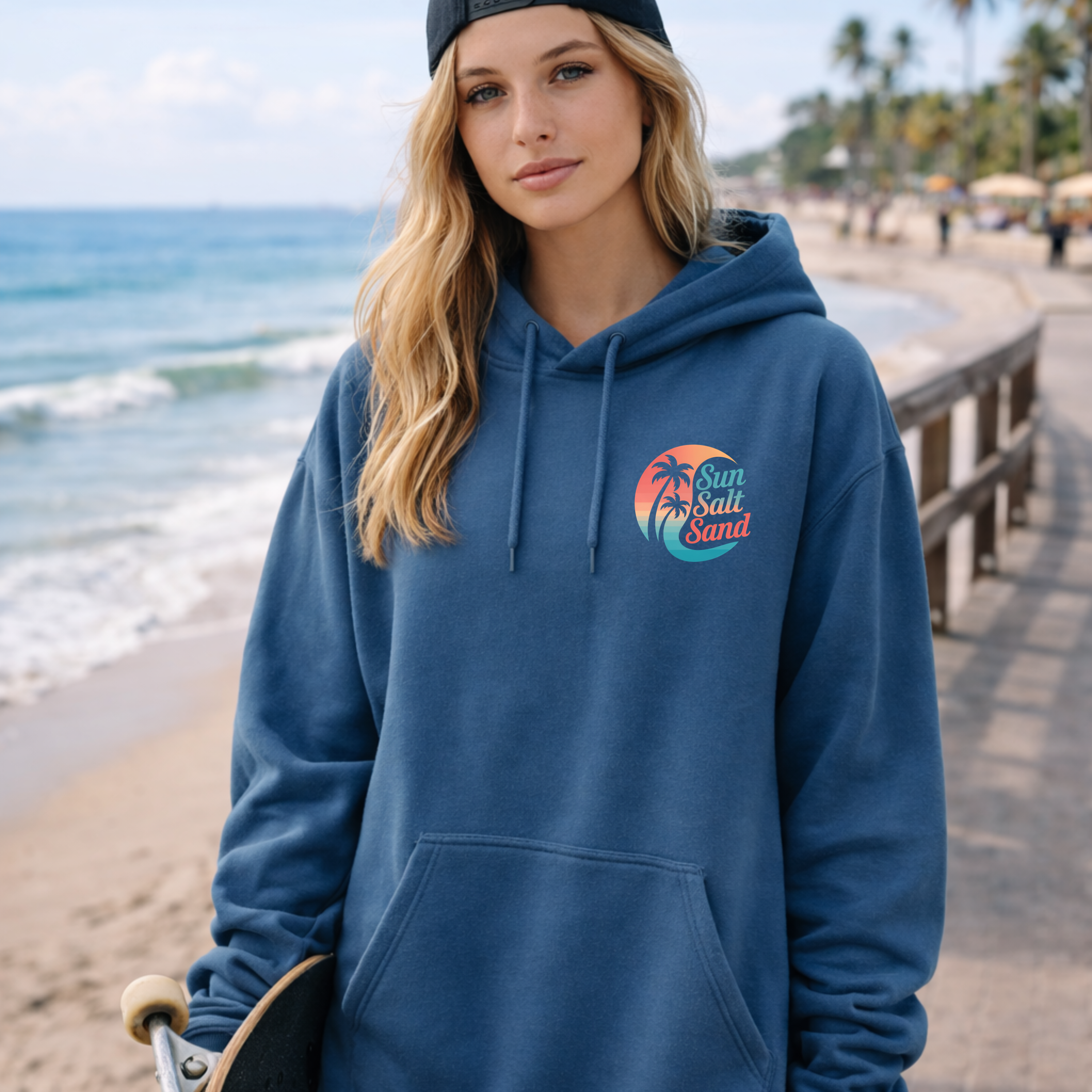 Woman wearing a blue hoodie with a beach-themed logo on a beach.