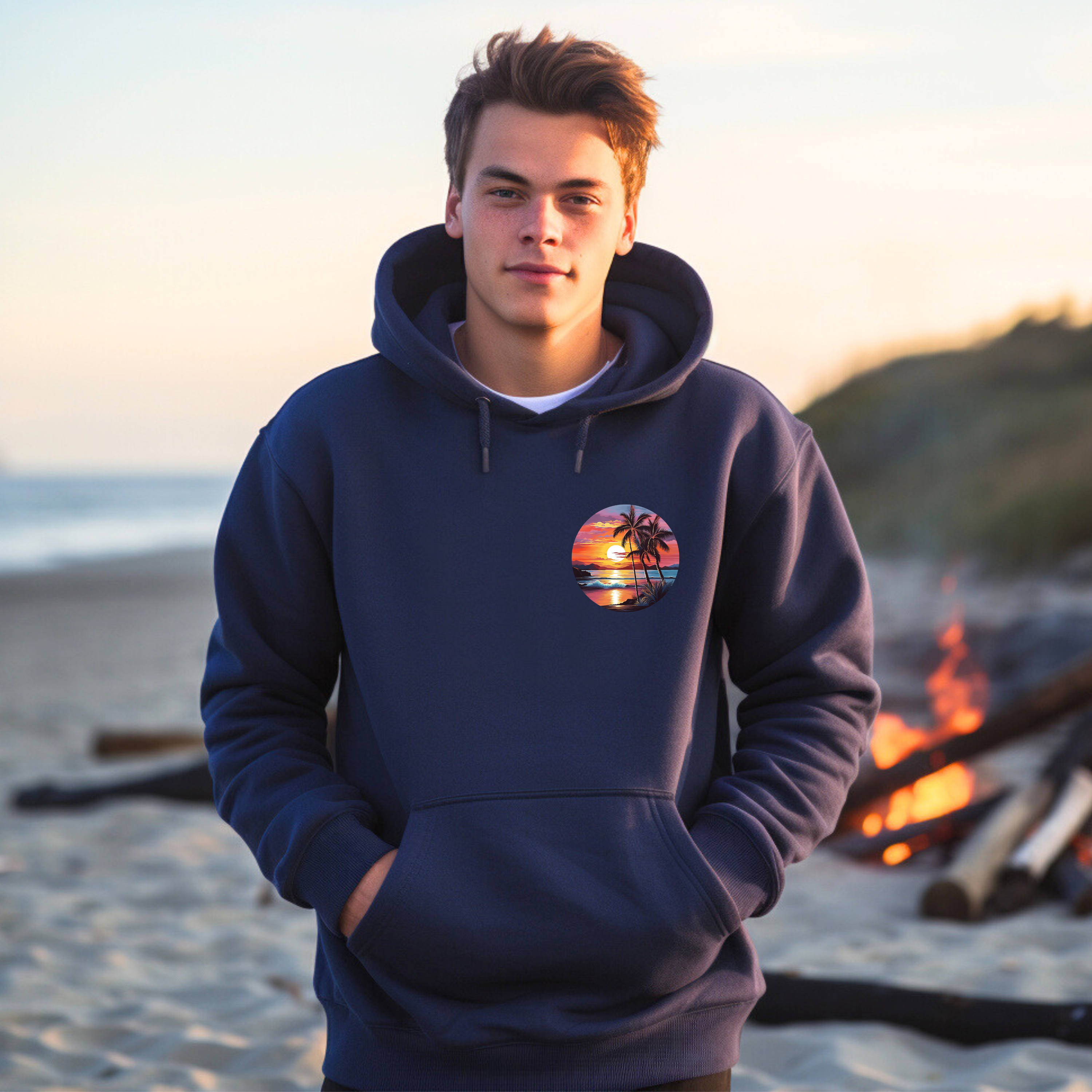 Person wearing a hoodie with a sunset design on a beach