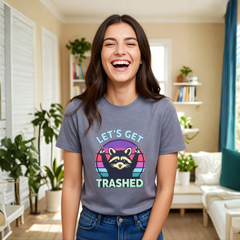 Person wearing a t-shirt with a raccoon graphic and text in a living room.