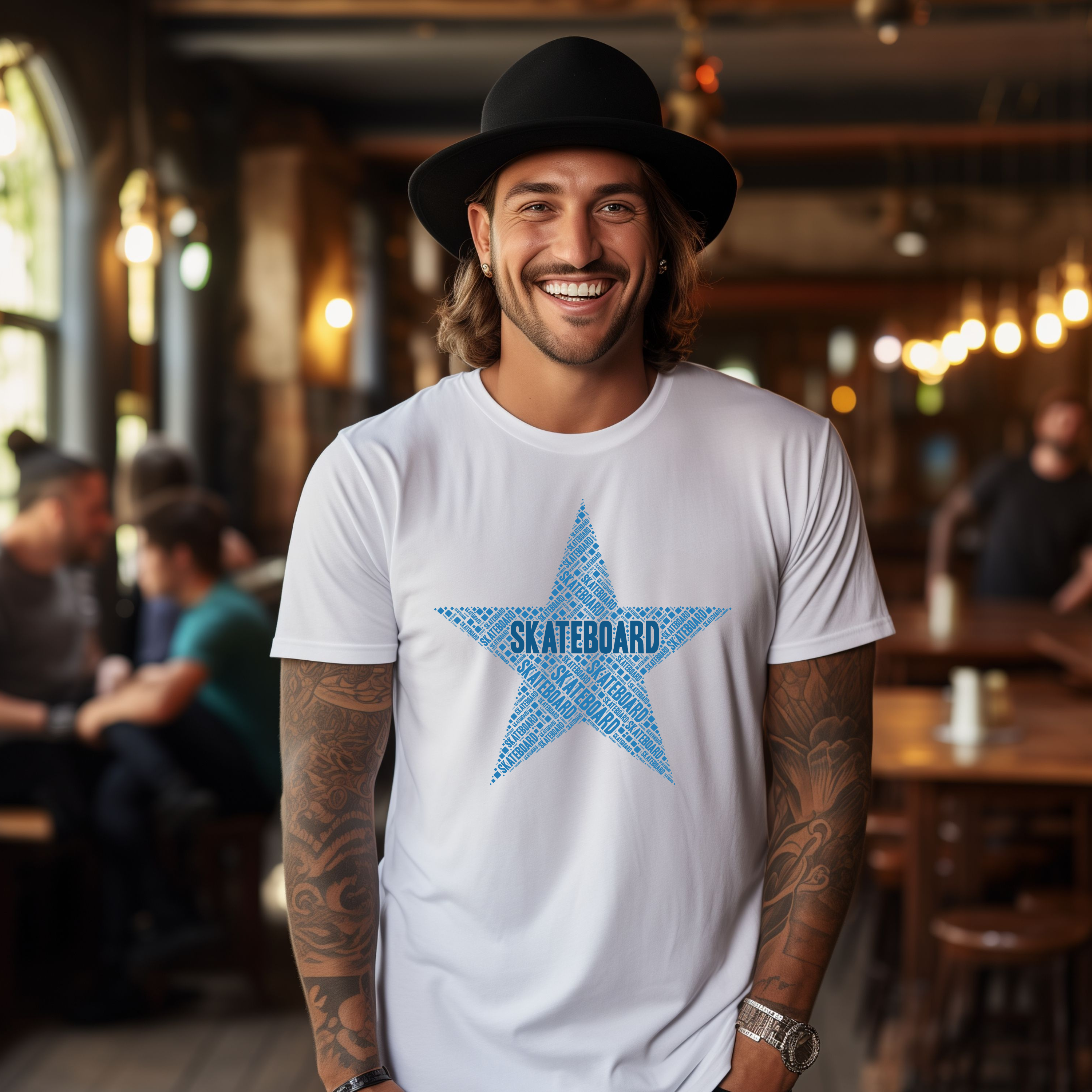 Man wearing a white t-shirt with a blue star graphic and 'SKATEBOARD' text in a bar setting.