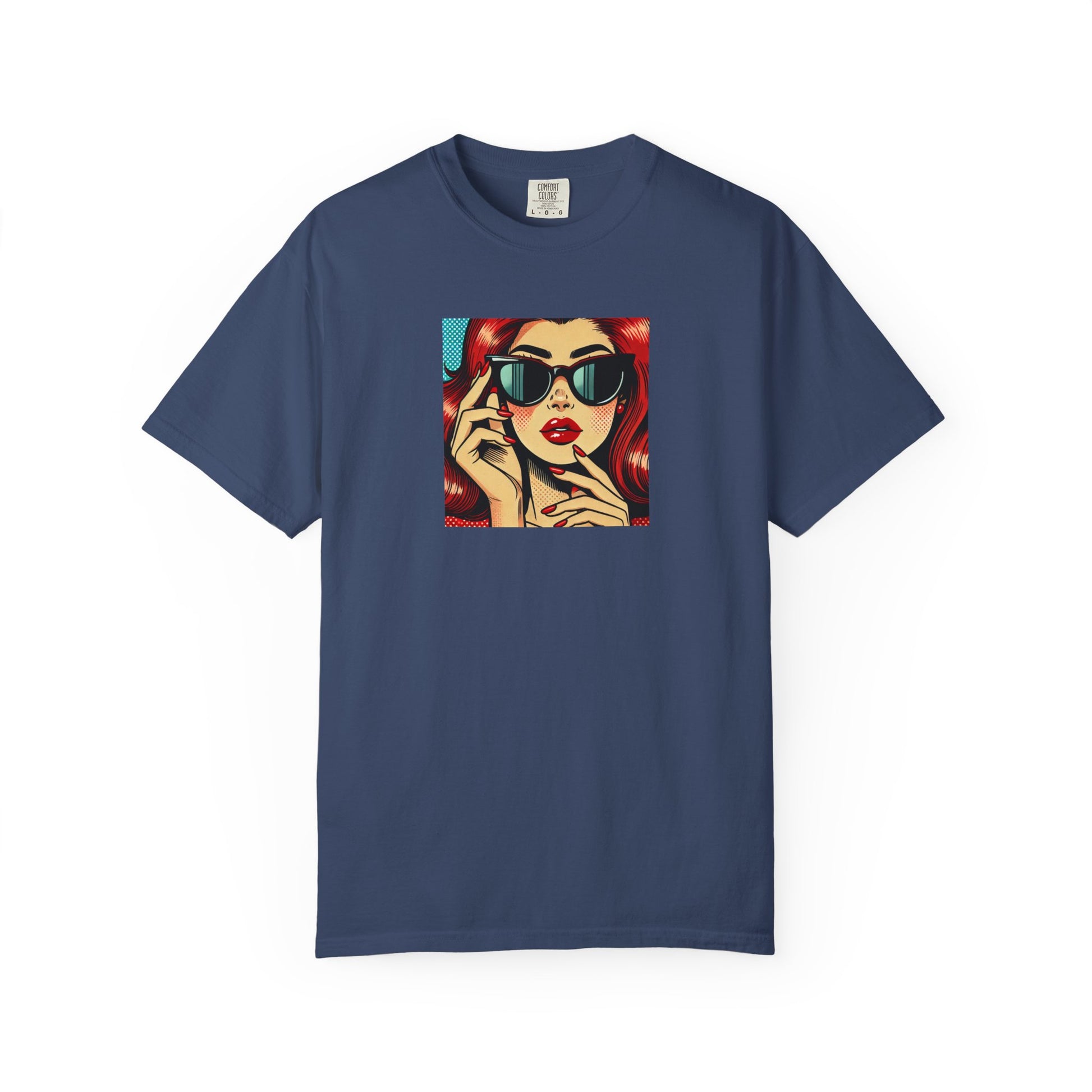 Navy blue t-shirt with a colorful graphic of a woman on a white background