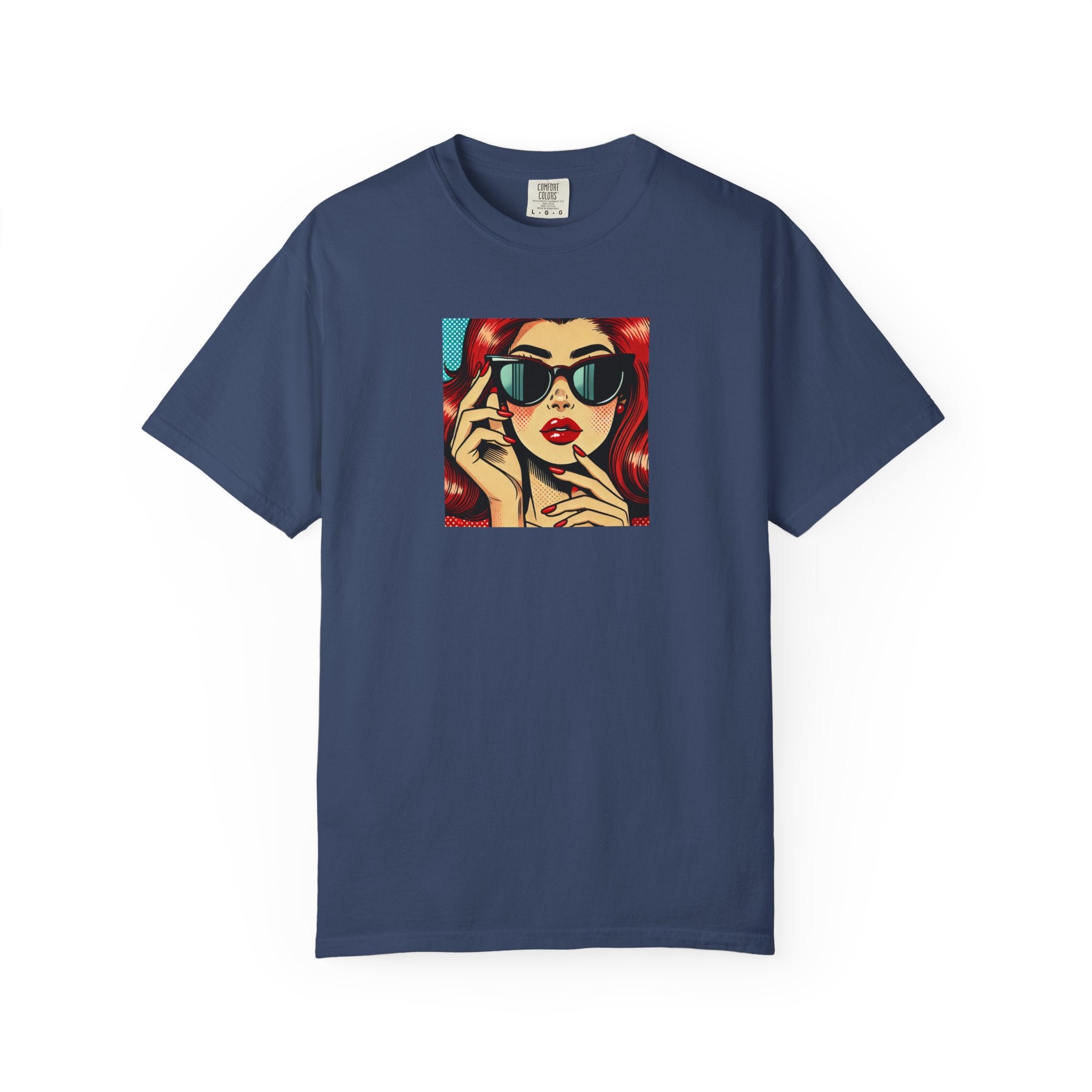 Navy blue t-shirt with a colorful graphic of a woman on a white background
