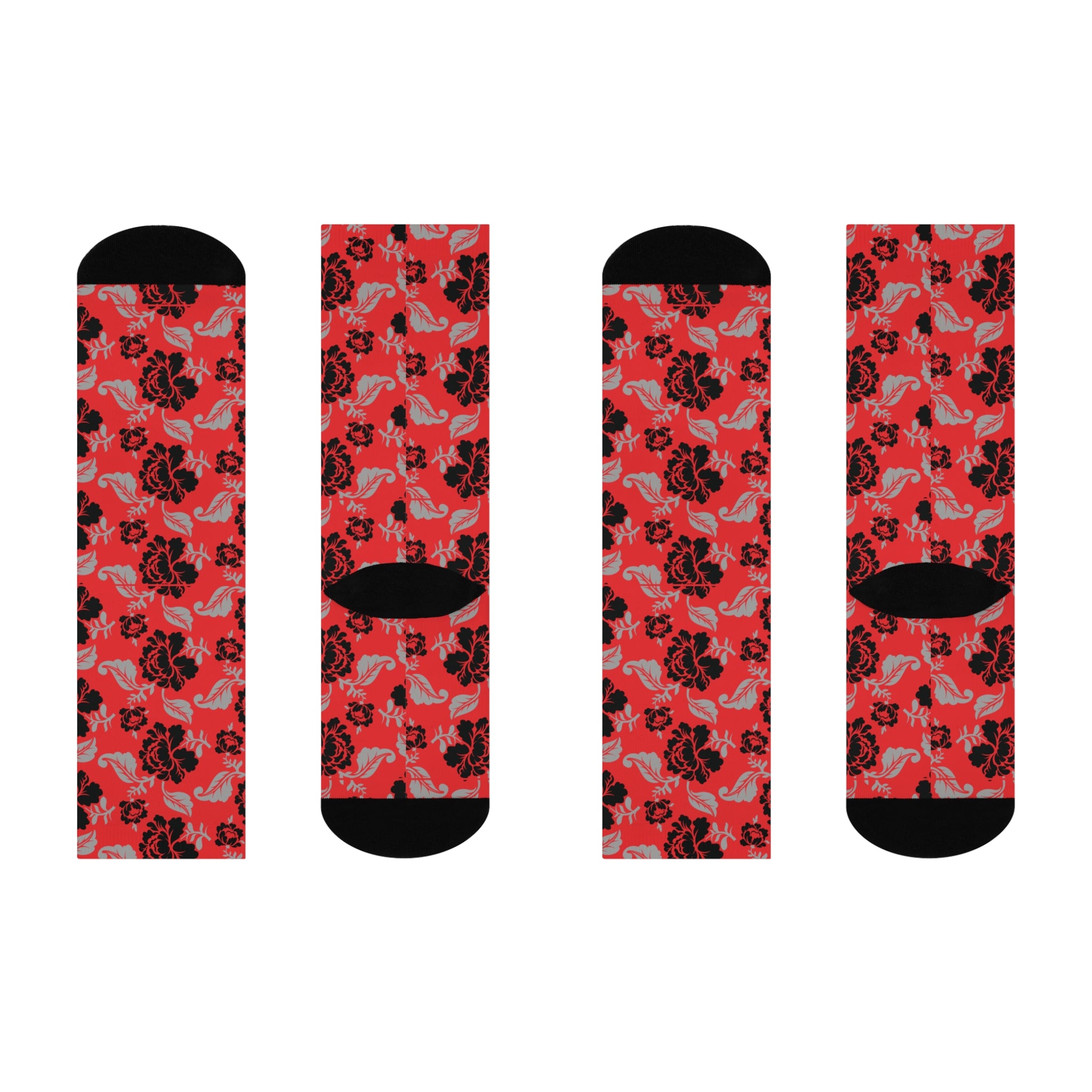 Red and Black Floral Print Socks - Gothic Cushioned Crew Socks for Women and Men | The Hollywood Betty Collection