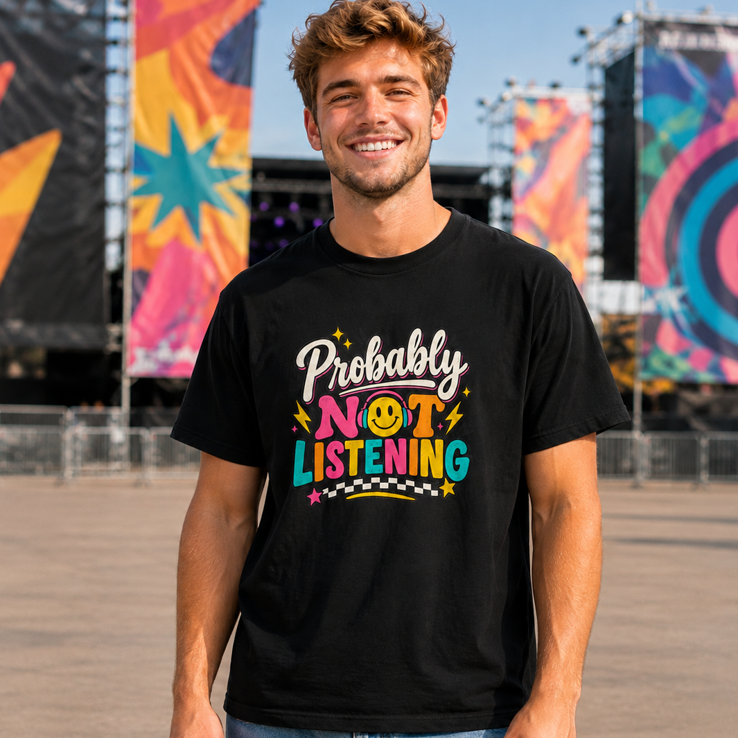 A man wearing a black graphic t-shirt with the text 'Probably NOT LISTENING' in colorful retro lettering, standing in an outdoor concert venue with large colorful stage banners in the background.