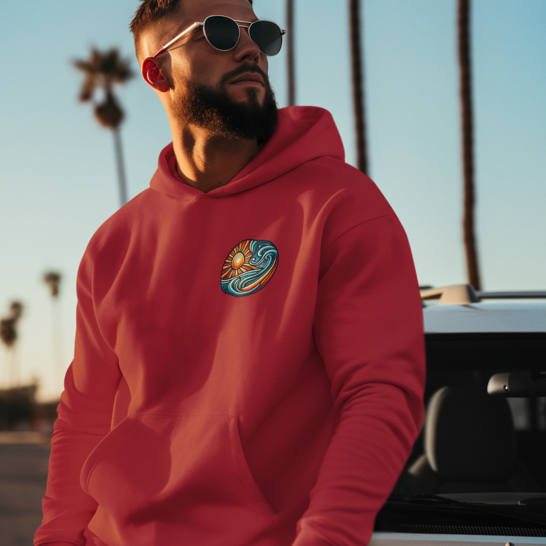 Beach-Inspired Unisex Heavy Blend Hoodie - Relaxed Fit, Cozy and Stylish Sweatshirt with Sun and Waves Design in Antique Cherry Red