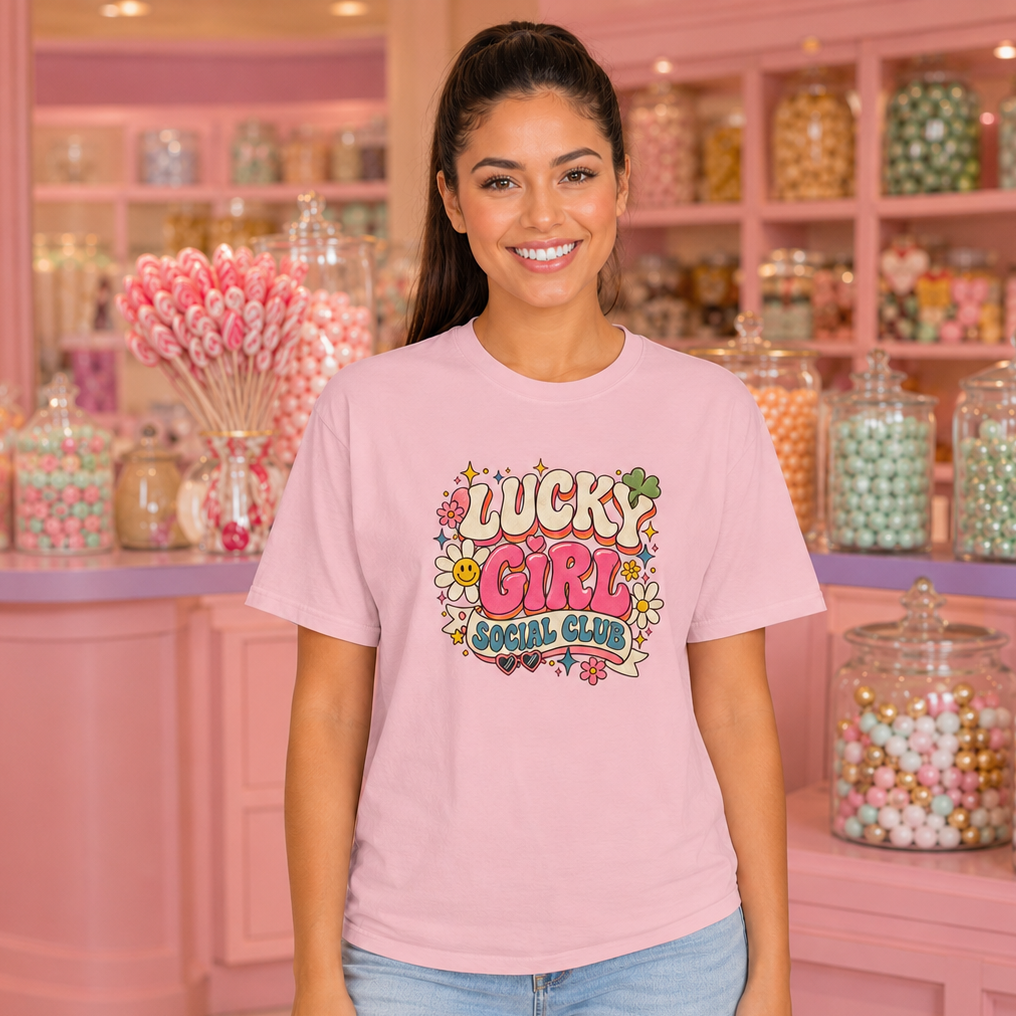 A woman stands in a pink candy shop wearing a light pink graphic t-shirt that reads 'LUCKY GIRL SUGAR DADDY' in colorful retro lettering, paired with light blue jeans.