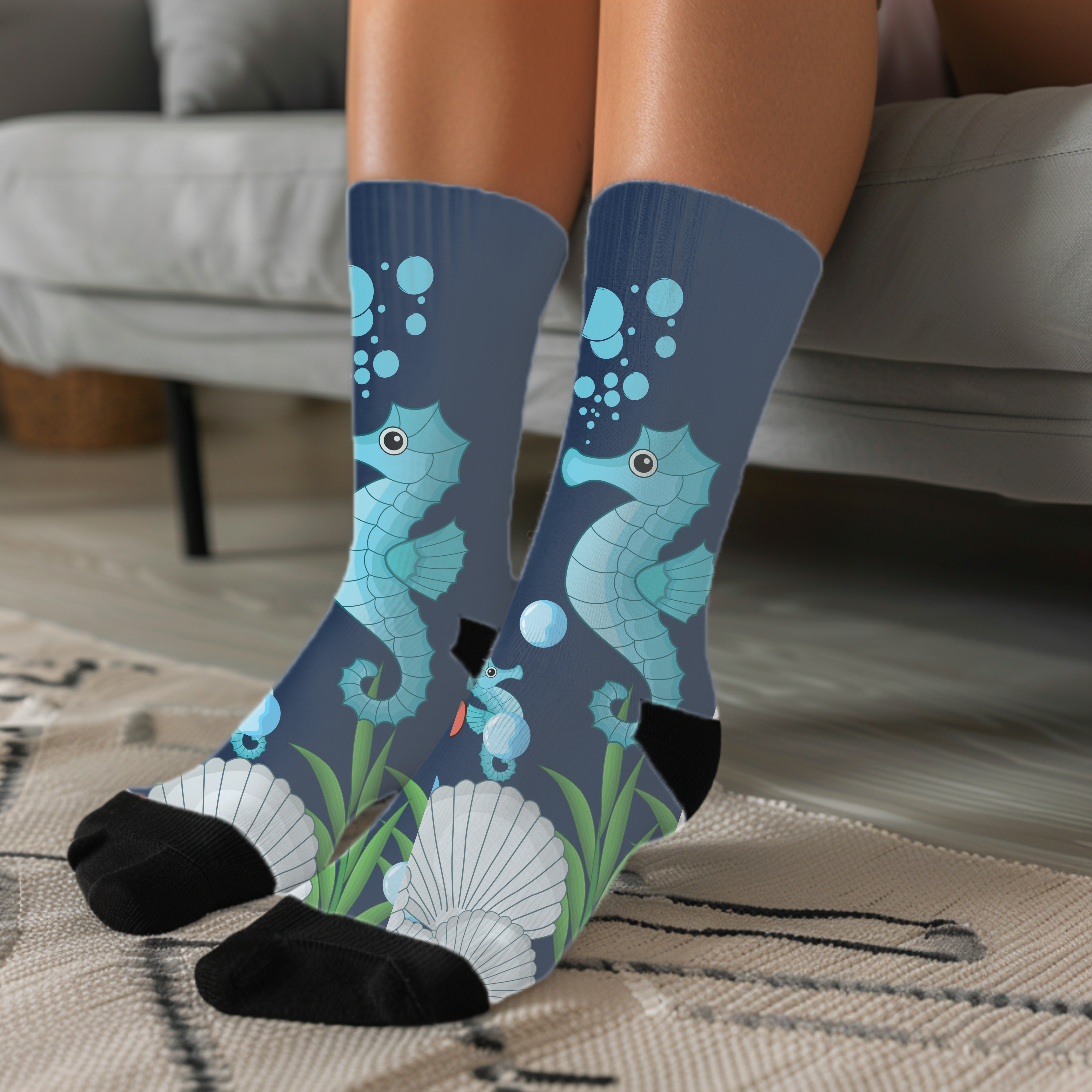 Seahorse Socks with Ocean Theme Socks Sea Life Cushioned Crew Socks