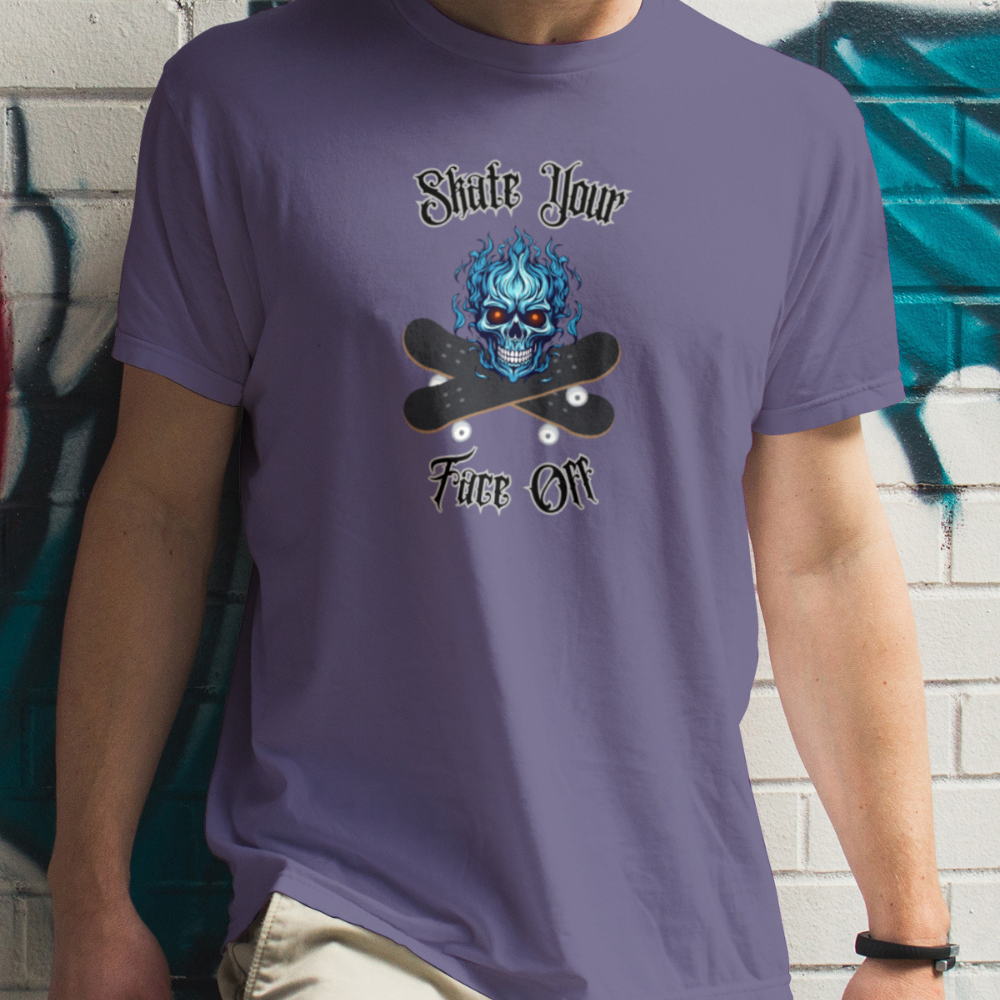Person wearing a purple t-shirt with a graphic design and text against a graffiti-covered wall.