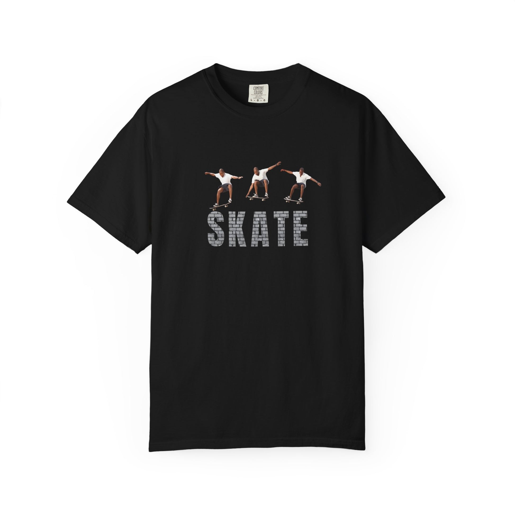 Black t-shirt with graphic of three skaters and the word 'SKATE' on a white background