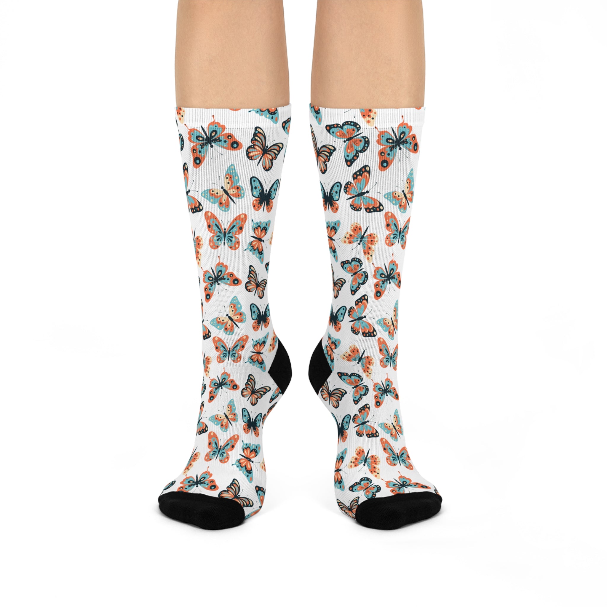 Butterfly Pattern Crew Socks: Unisex Cushioned Whimsical Socks