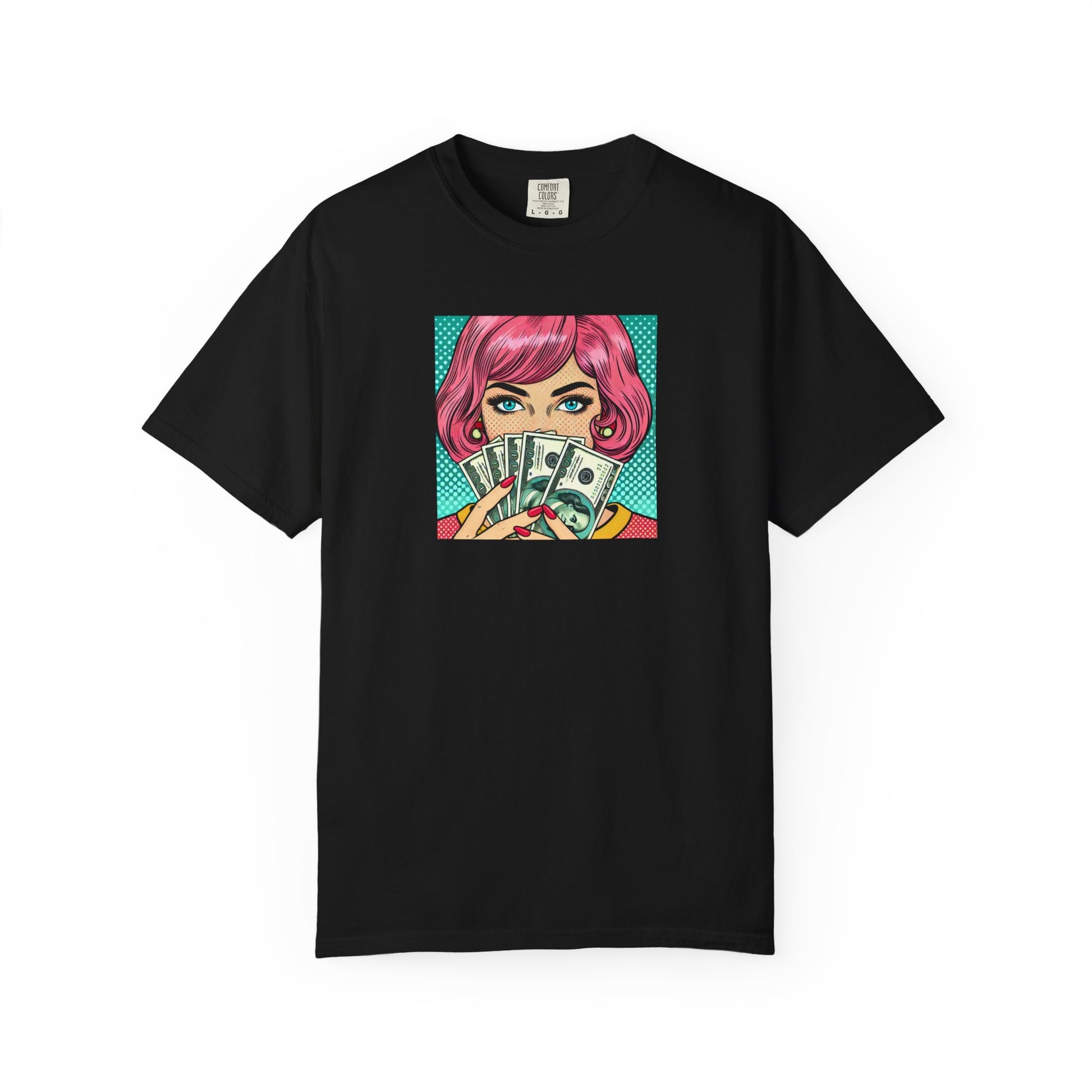 Black t-shirt with a colorful graphic of a face holding money on a white background