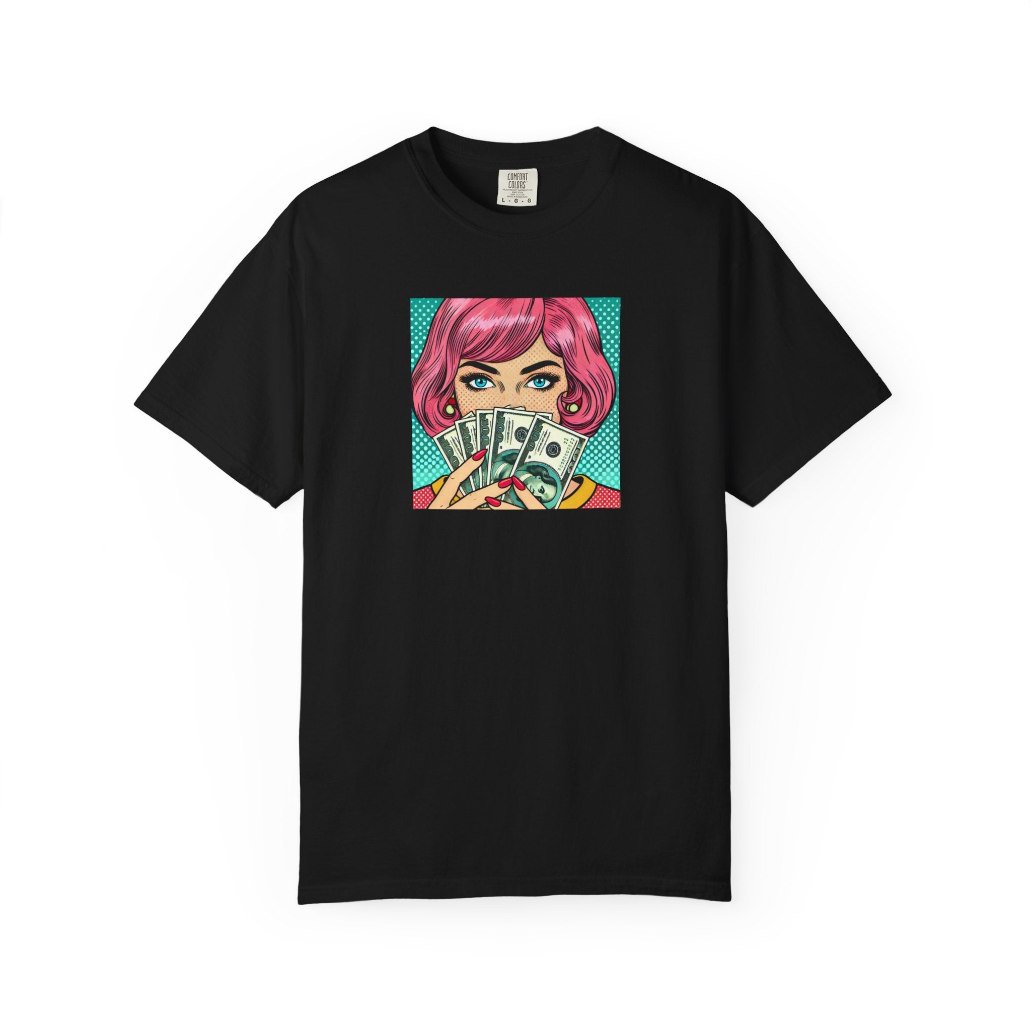Black t-shirt with a colorful graphic of a face holding money on a white background