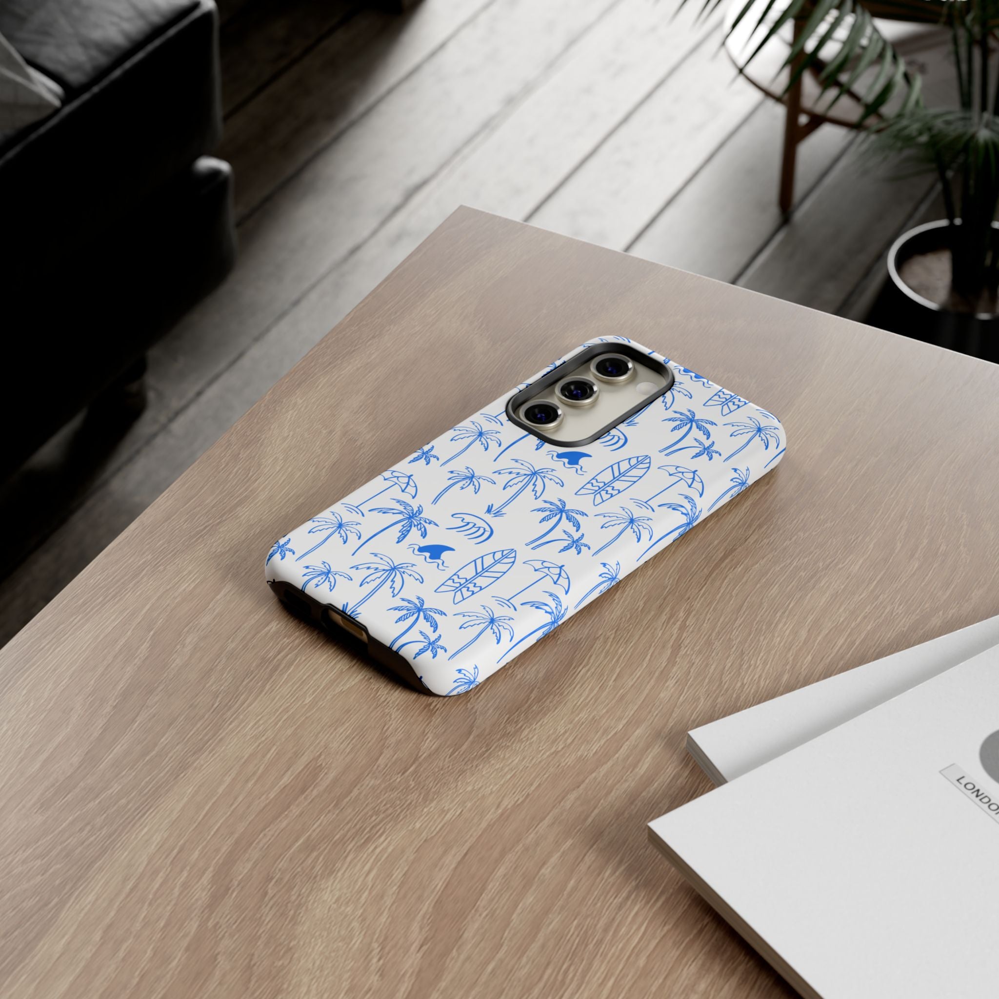Tropical Beach Phone Case for iPhone, Samsung Galaxy, Google Pixel Palm Trees and Surfboards Design, Coastal Style, Durable Protection