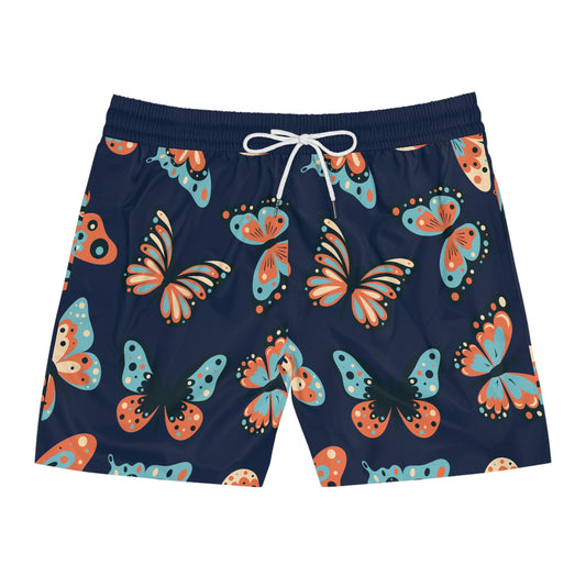 Men's Swim Shorts Blue with Butterfly Print Mid-Length Shorts for Dad
