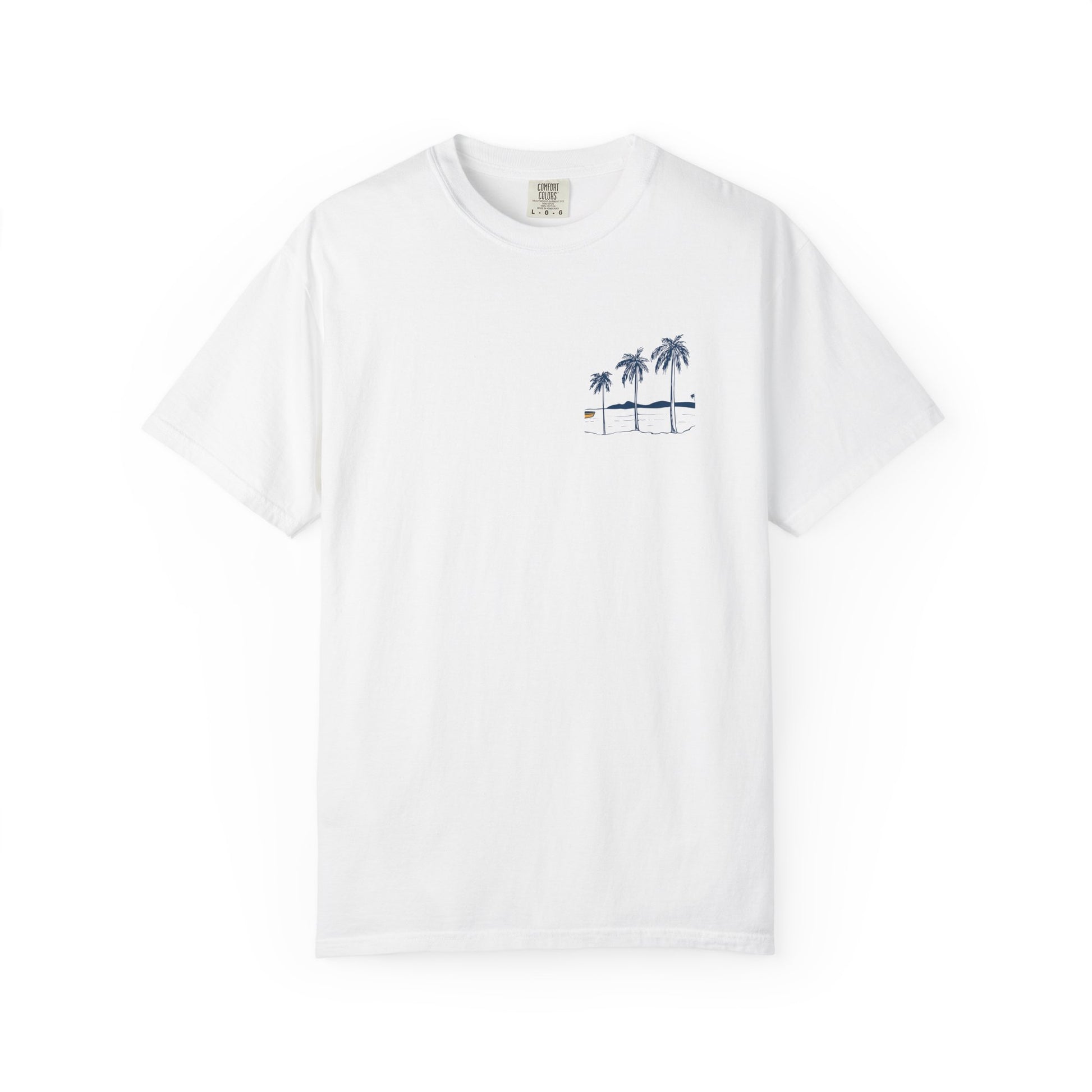 White t-shirt with a small graphic on a white background