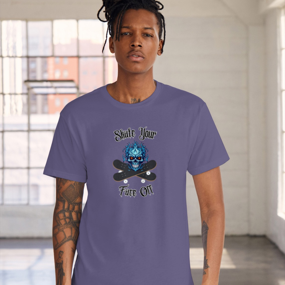 Person wearing a purple t-shirt with a graphic design and text.