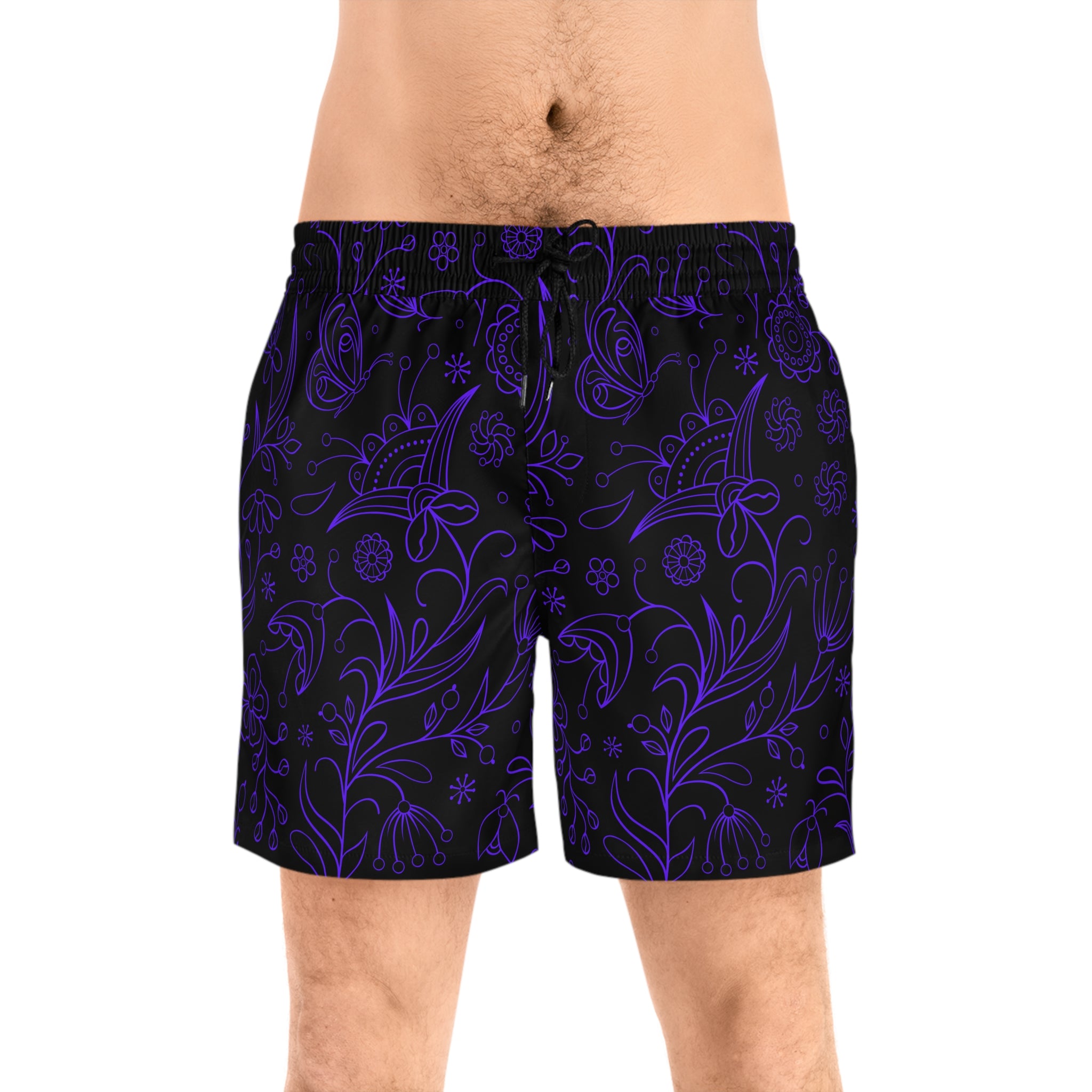 Black and Purple Men's Mid-Length Swim Shorts (AOP)