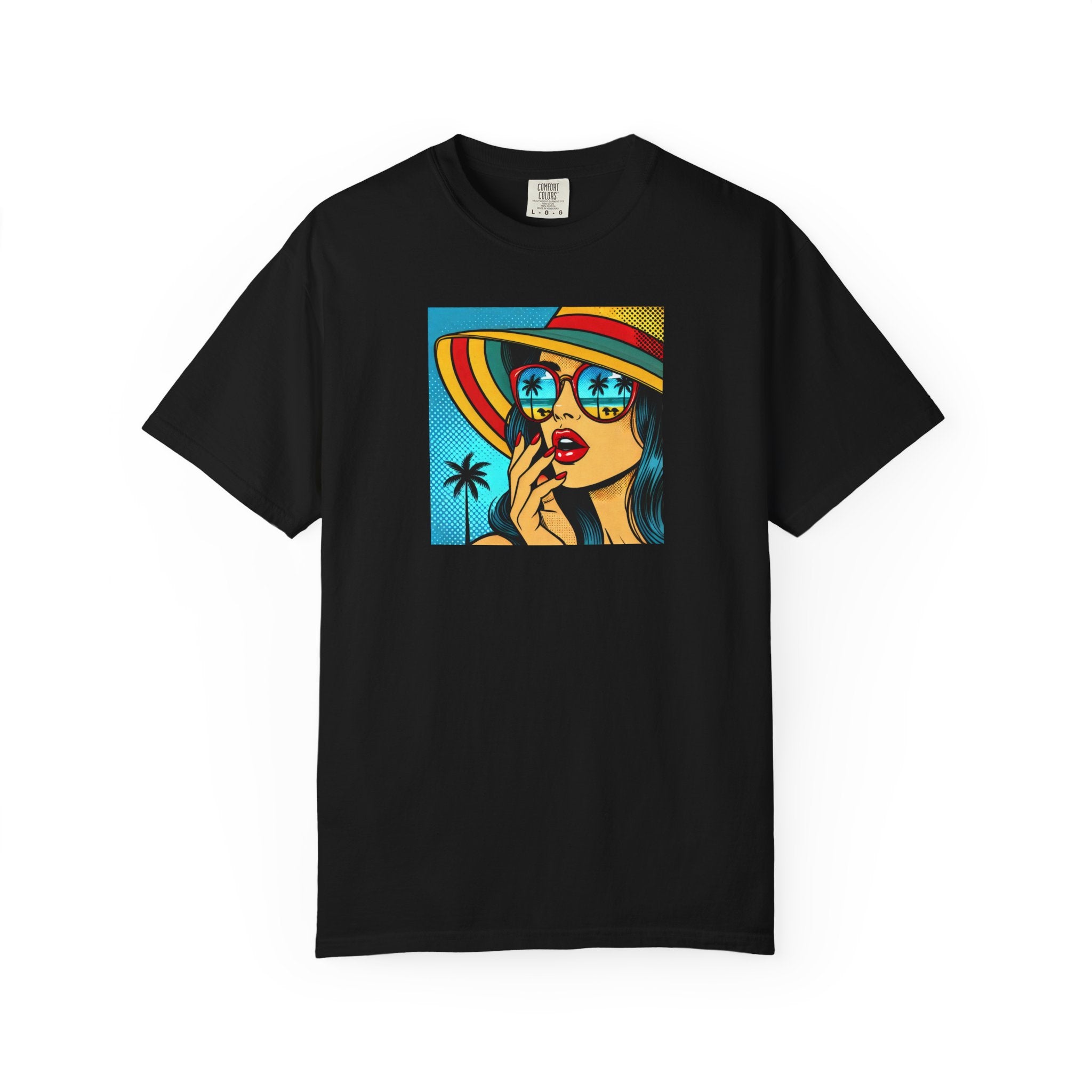 Black t-shirt with a colorful graphic of a woman in a hat and sunglasses on a white background