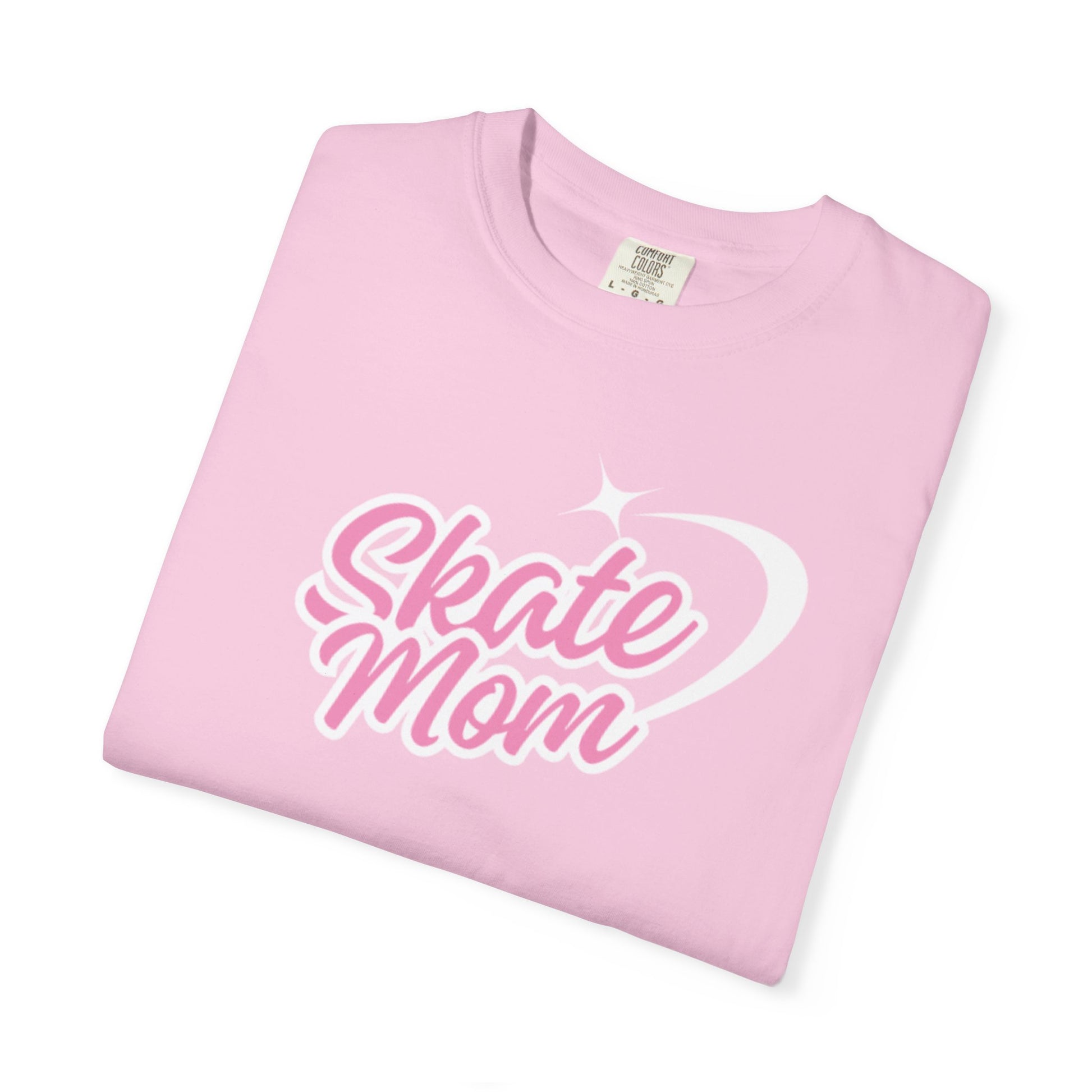 Pink t-shirt with 'Skate Mom' text on a white background