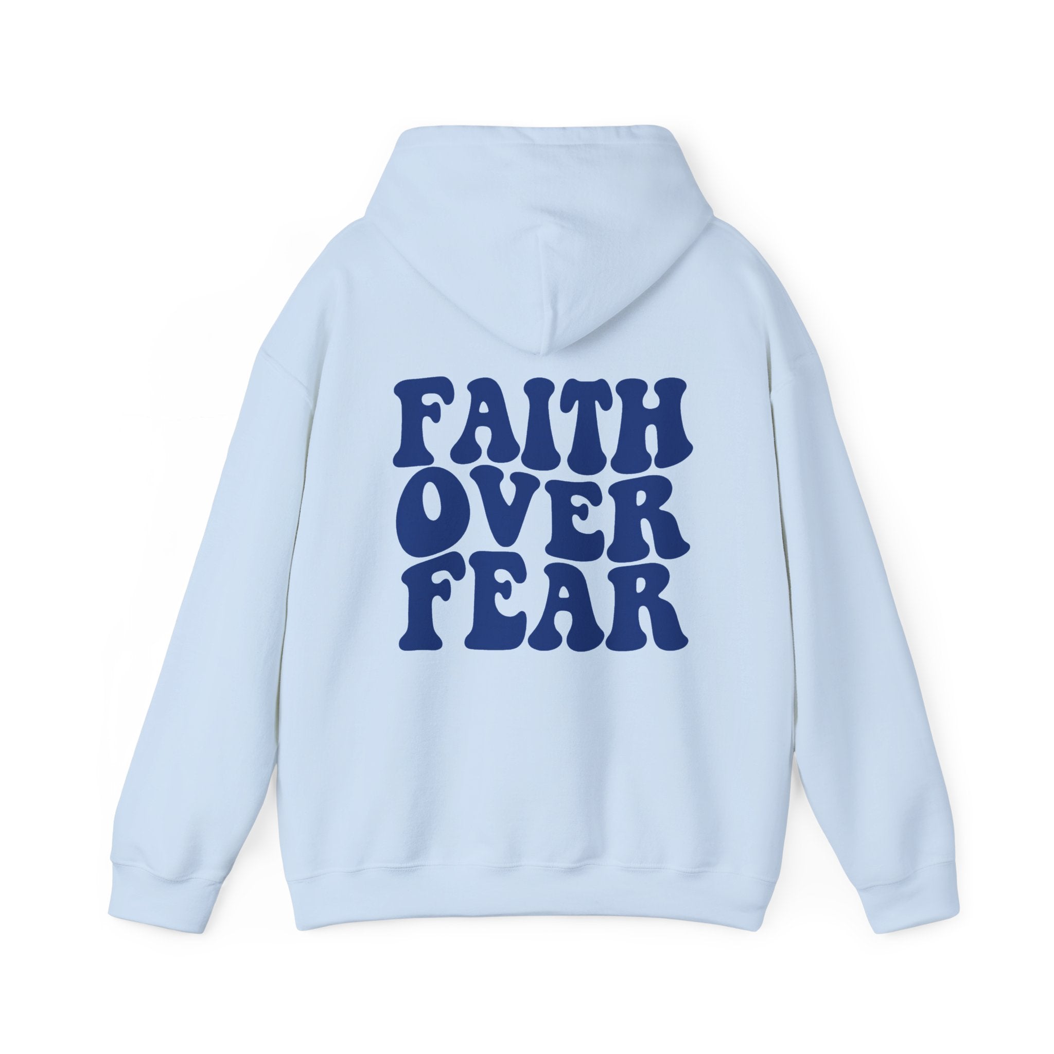 Faith Over Fear Hoodie – Blue Retro Christian Graphic Sweatshirt
