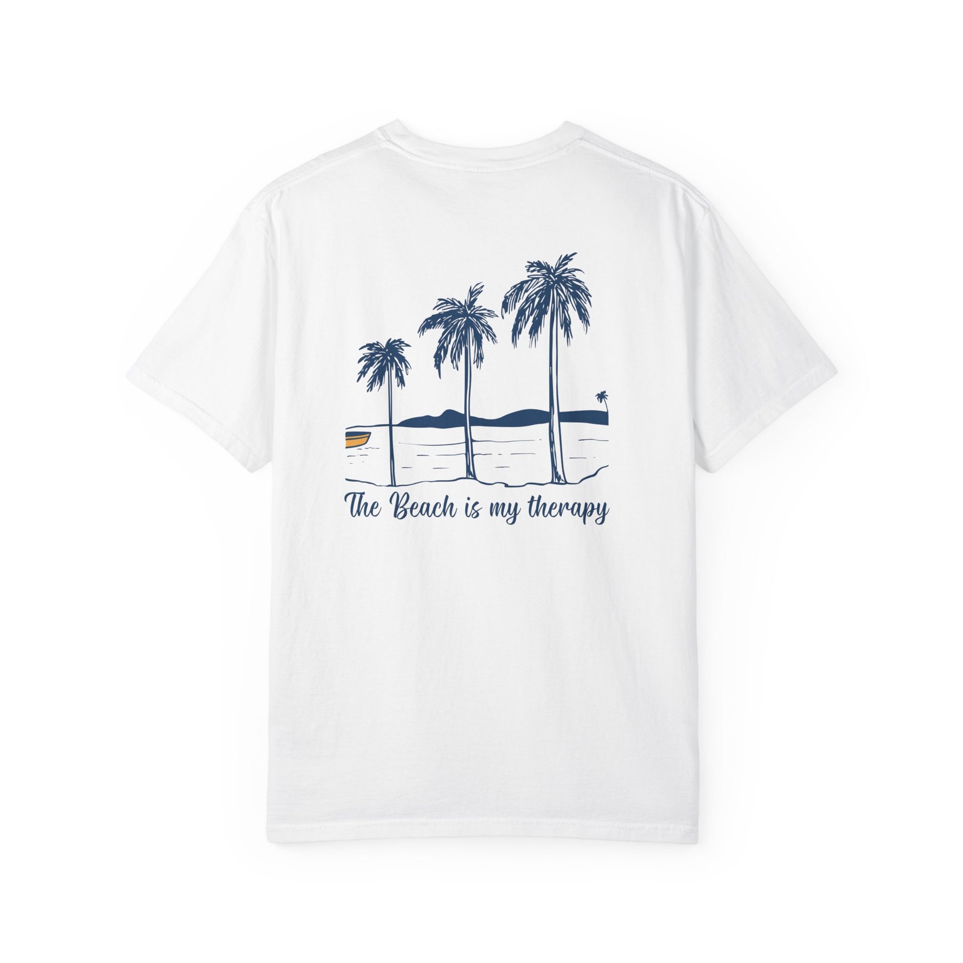 White t-shirt with palm tree design and text 'The Beach is my therapy' on a white background