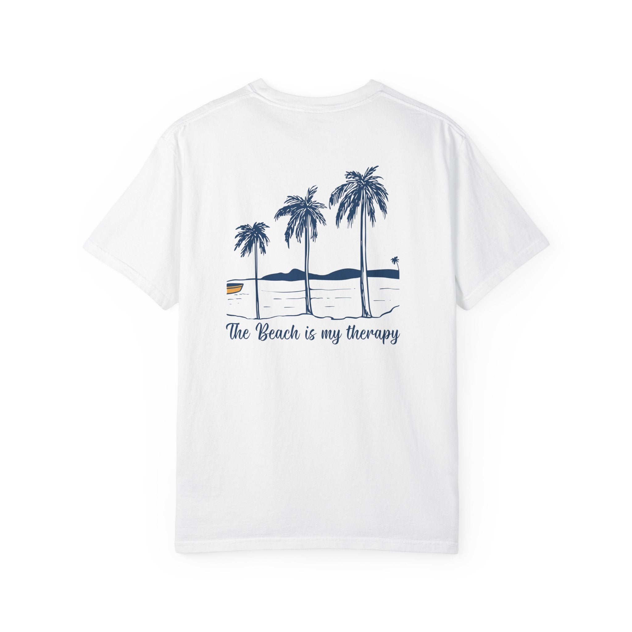 White t-shirt with palm tree design and text 'The Beach is my therapy' on a white background