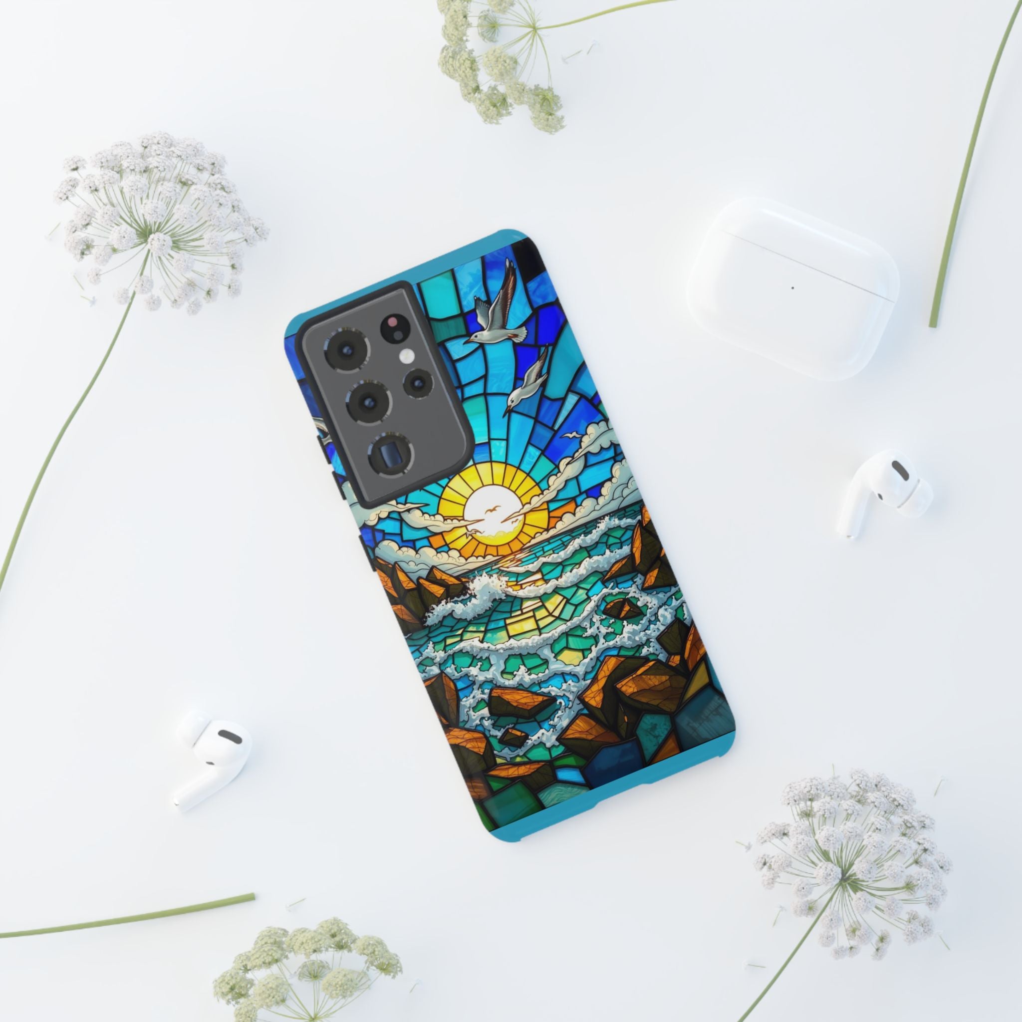 Beach Phone Case Samsung Ocean Sunset Phone Cover Stained Glass Phone Case Seascape Art for Beach Lovers Gift Coastal Vibe Accessory