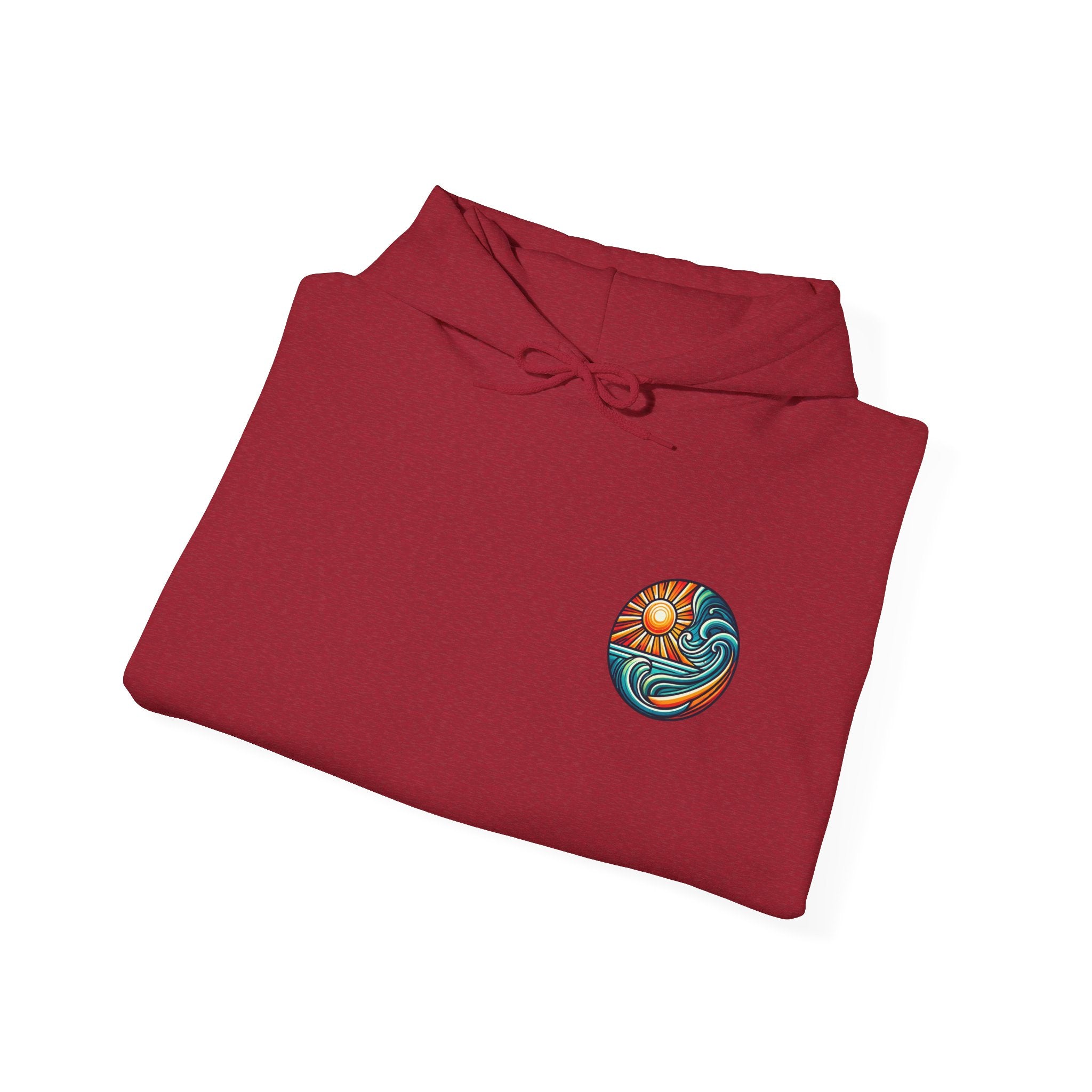 Beach-Inspired Unisex Heavy Blend Hoodie - Relaxed Fit, Cozy and Stylish Sweatshirt with Sun and Waves Design in Antique Cherry Red