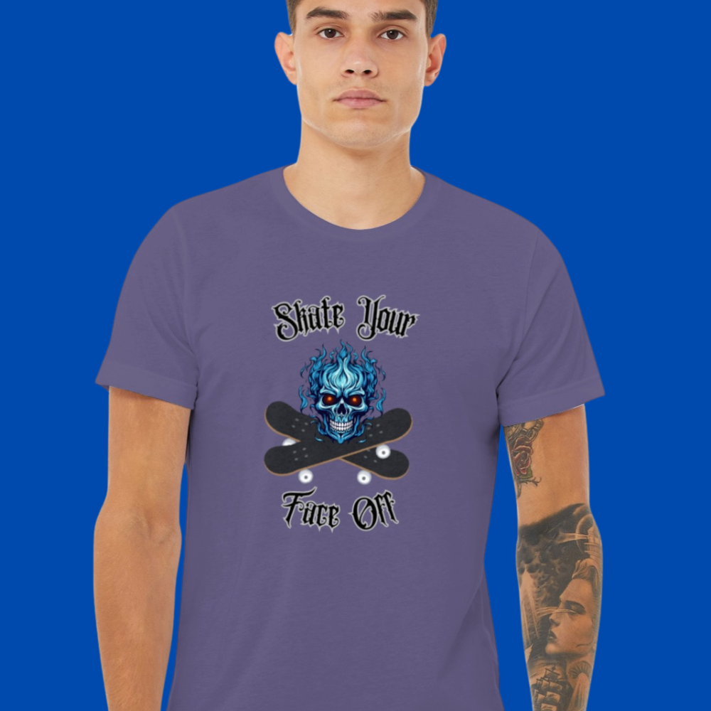 Person wearing a purple t-shirt with a graphic design and text on a blue background
