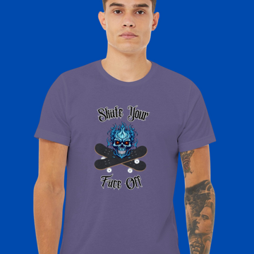 Person wearing a purple t-shirt with a graphic design and text on a blue background