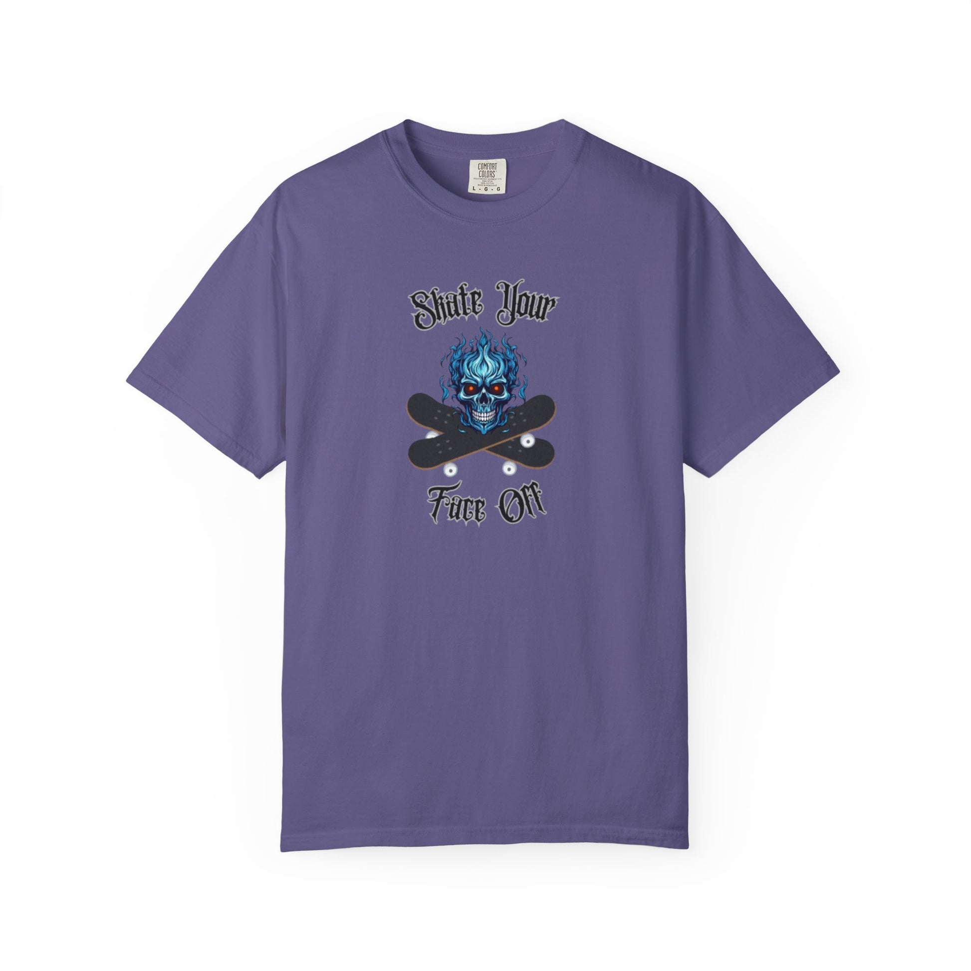 Purple t-shirt with a graphic design and text on a white background
