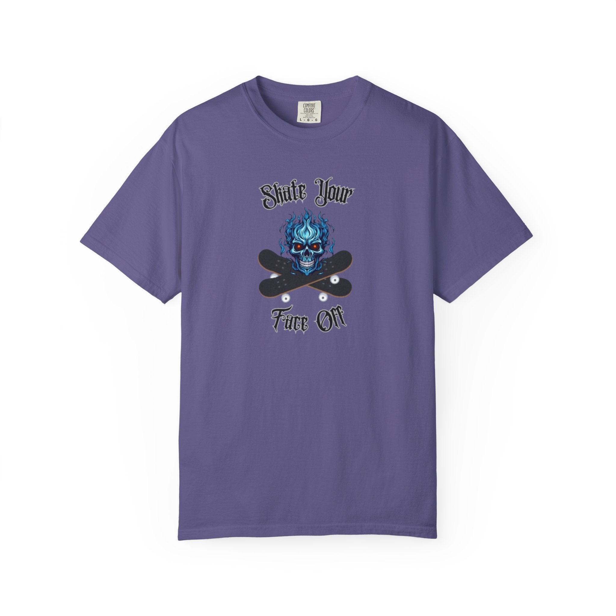 Purple t-shirt with a graphic design and text on a white background