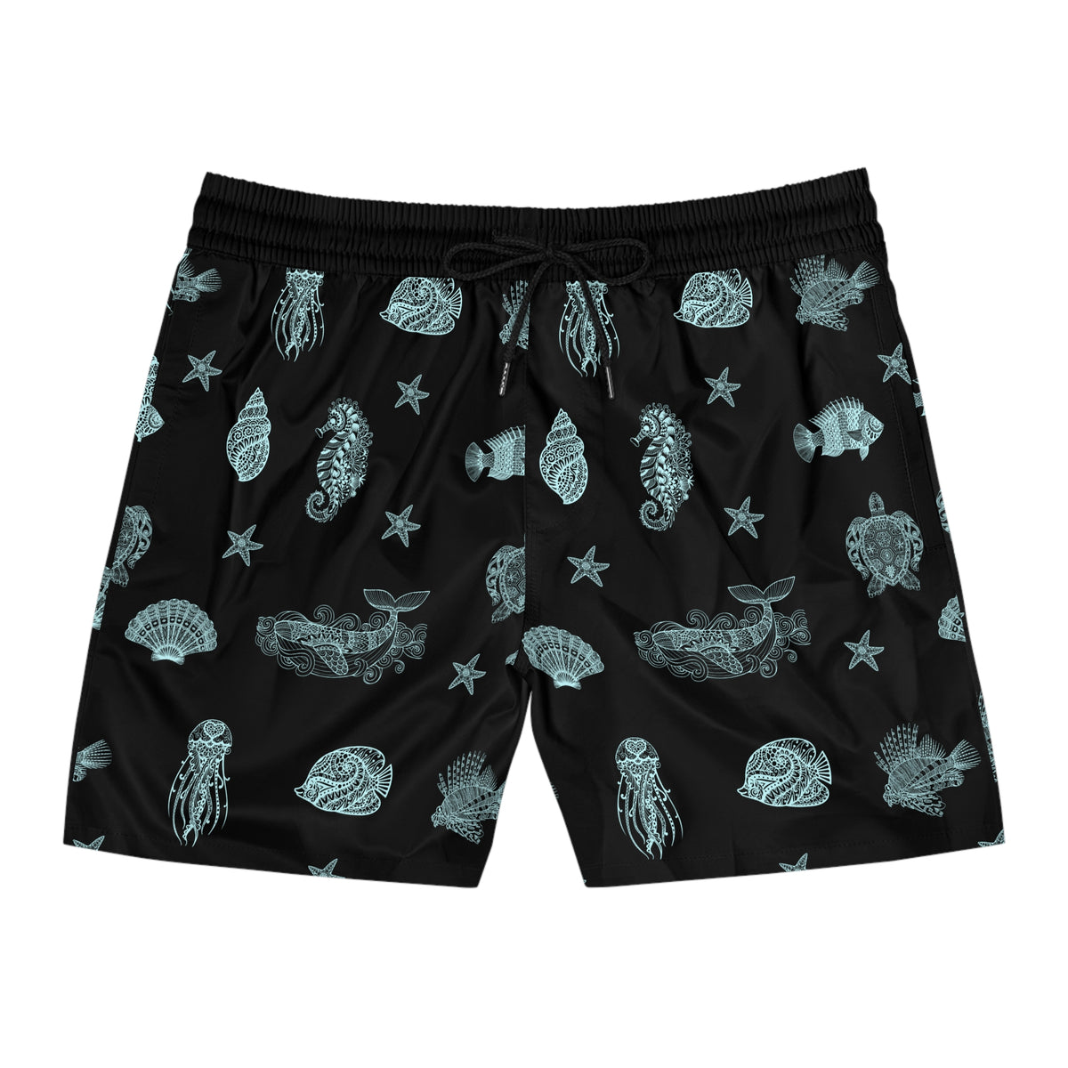 Mens Swim Shorts Mandala Sea Animal Beach Shorts for Him Coastal Gift for Men Summer Swim Trunks Black Ocean Shorts Vacation Ready