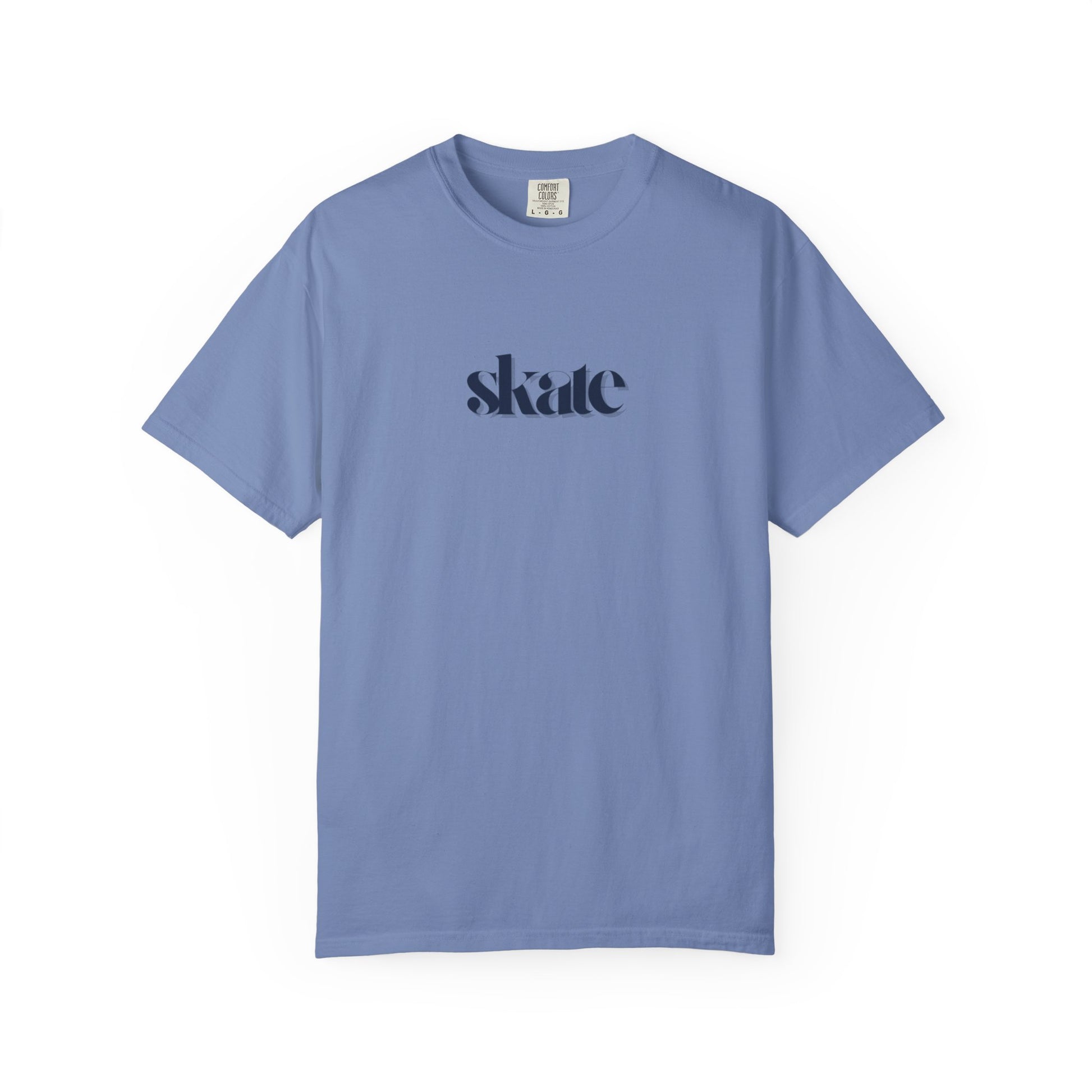 Blue t-shirt with 'skate' text on a white background