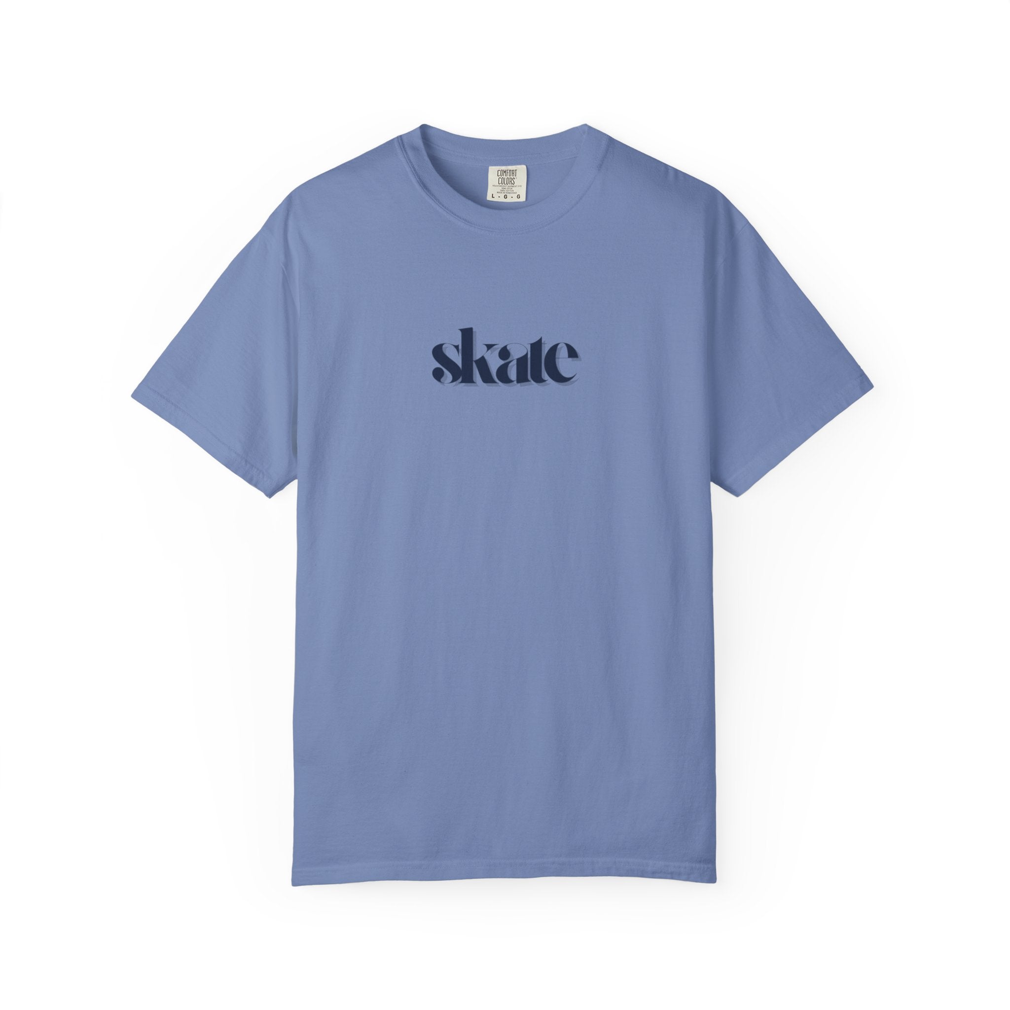 Blue t-shirt with 'skate' text on a white background