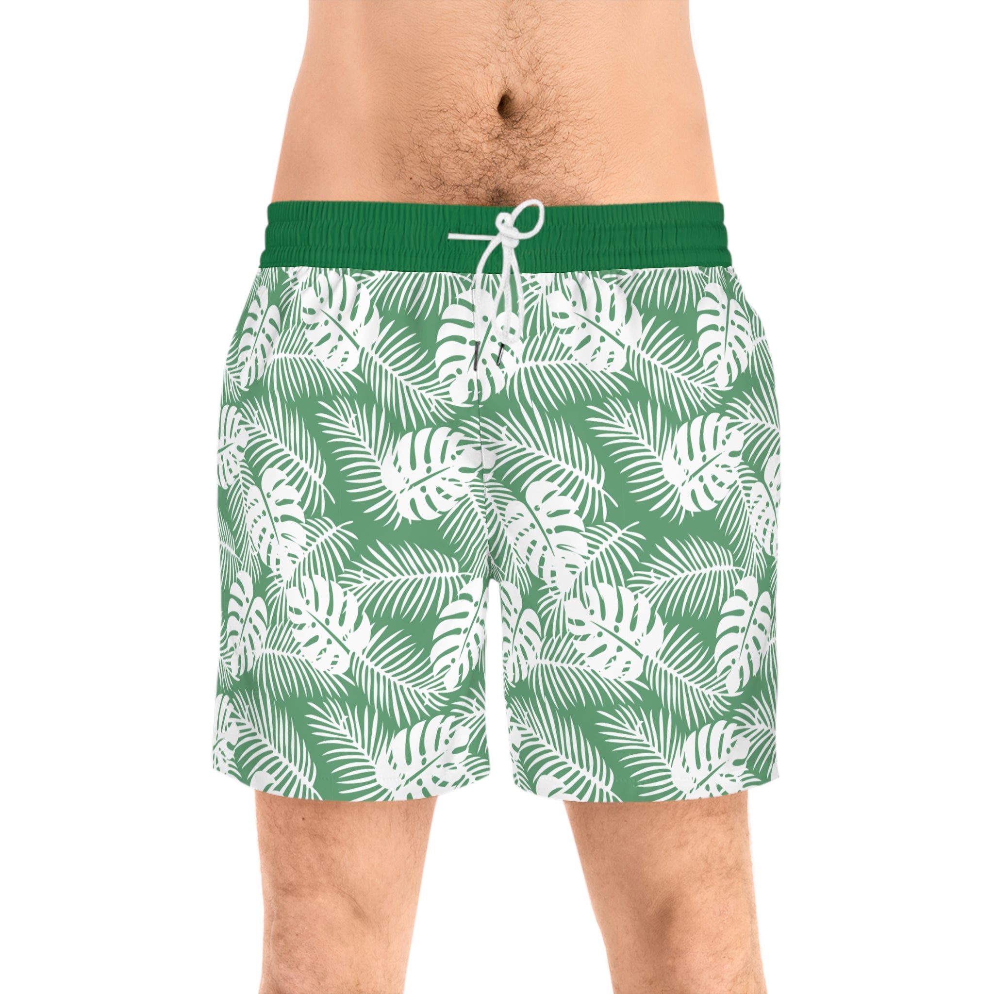 Men's Green Tropical Leaf Print Swim Shorts with Pockets | Lightweight Mid-Length Swim Trunks