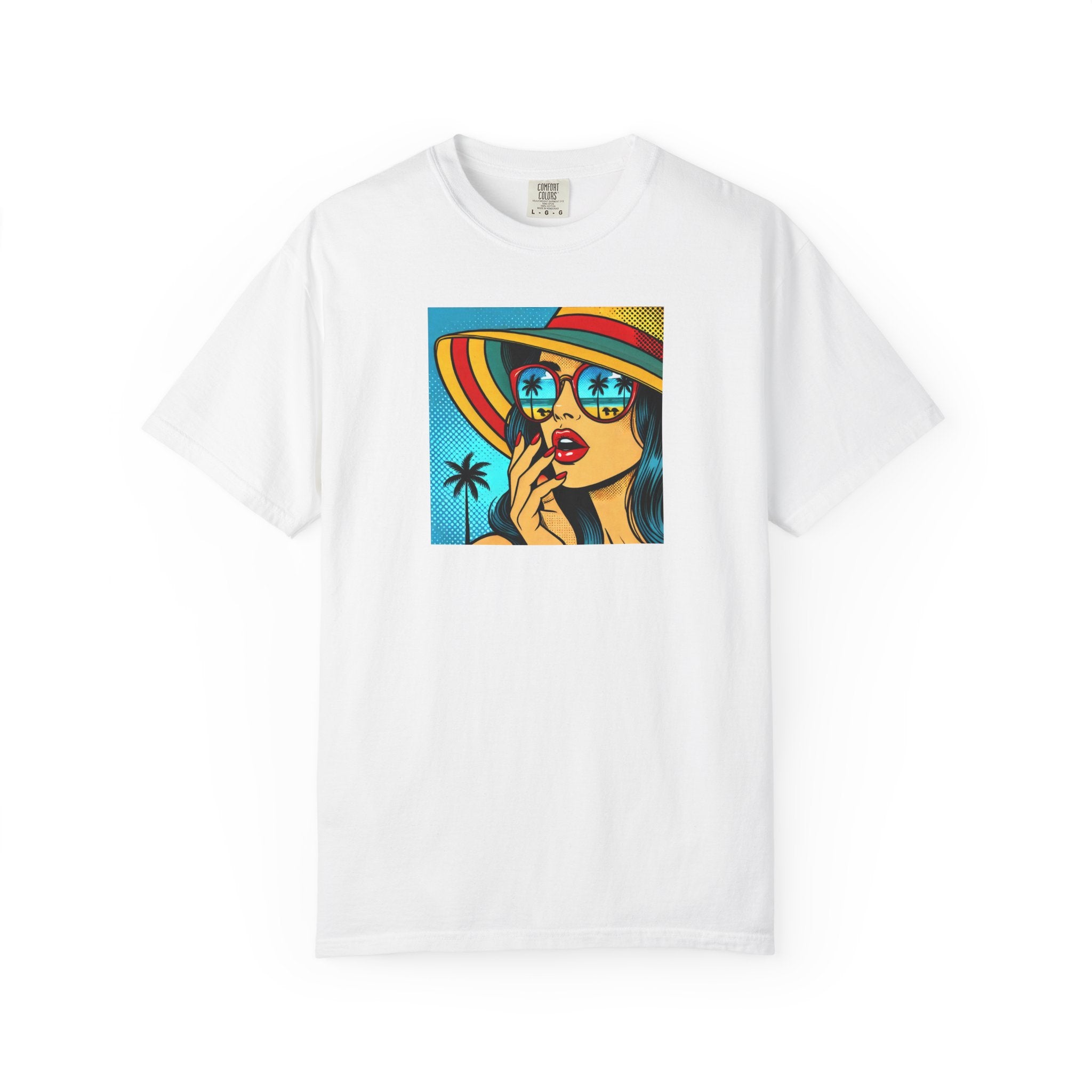White t-shirt with a colorful graphic of a woman on a white background