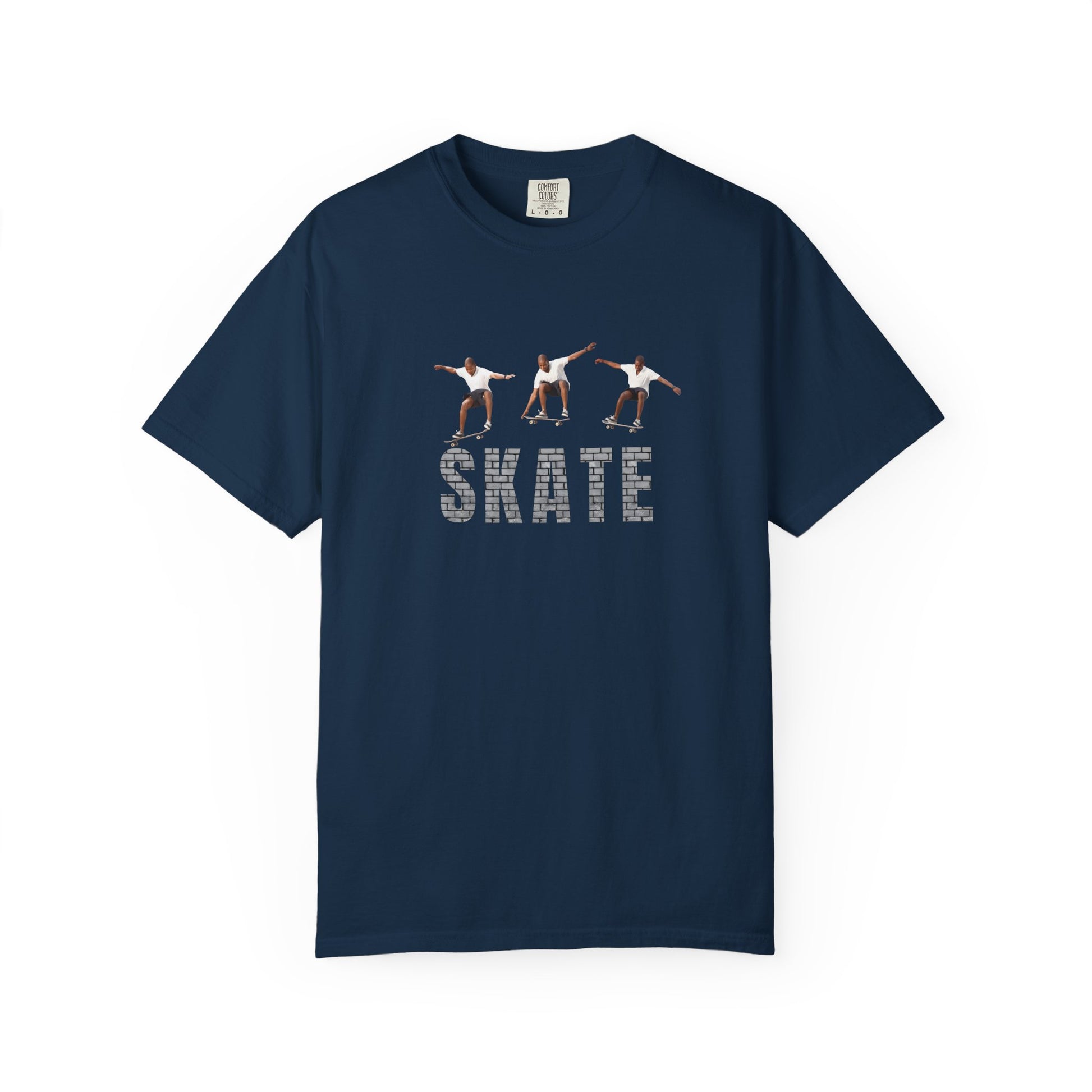 Navy blue t-shirt with graphic of three skaters and the word 'SKATE' on a white background