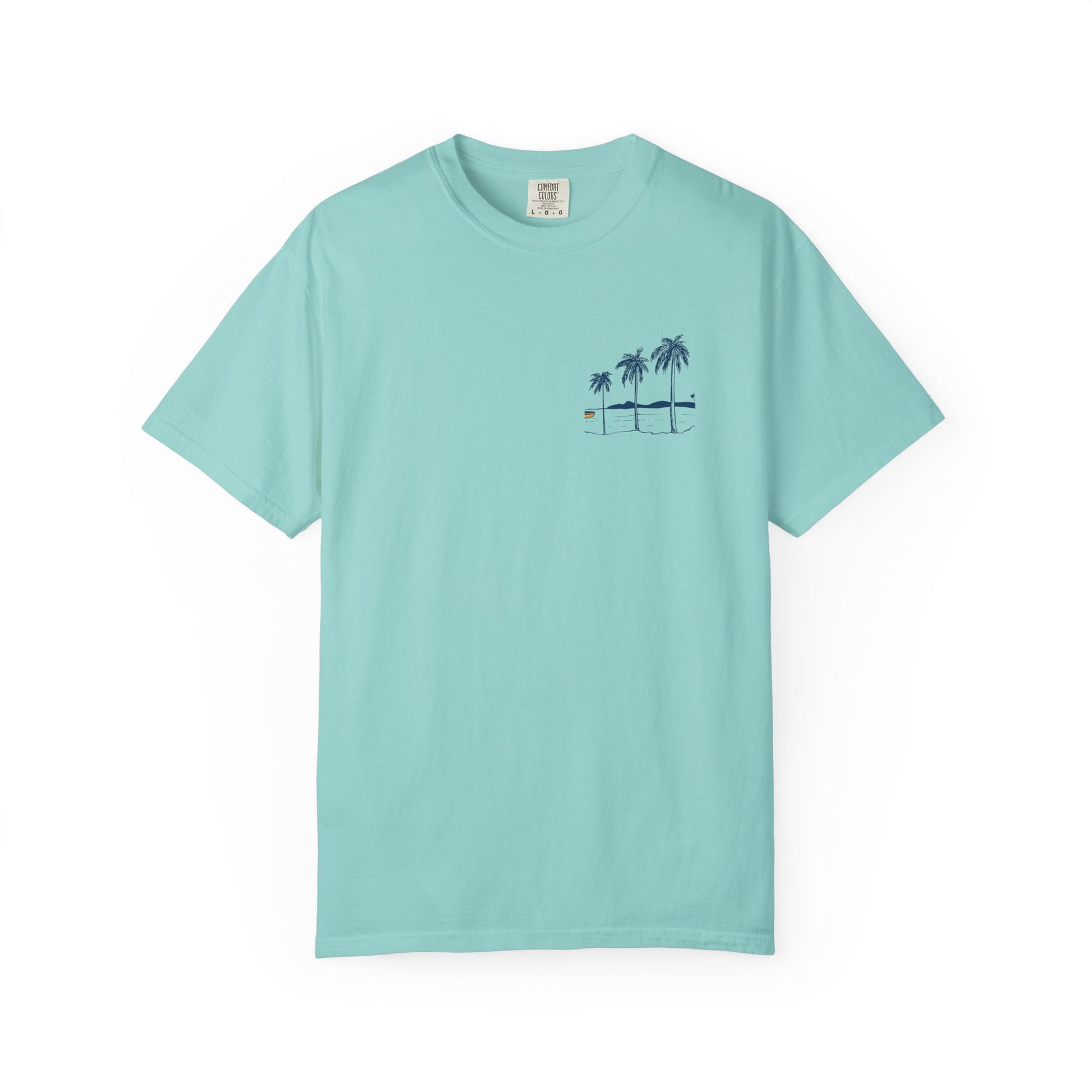 Light blue t-shirt with a palm tree design on a white background